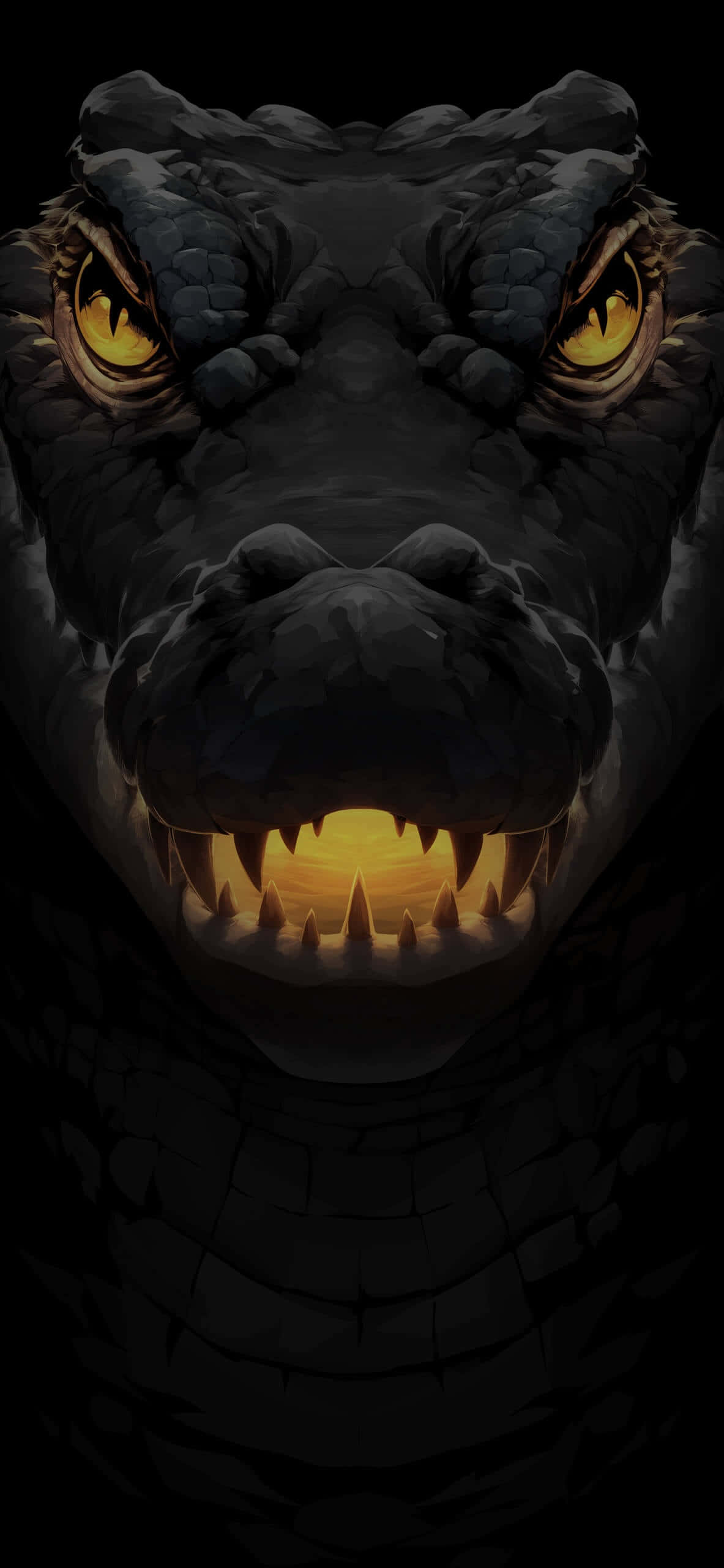 Black Crocodile, glowing yellow eyes, bared teeth, 2K Phone Wallpaper