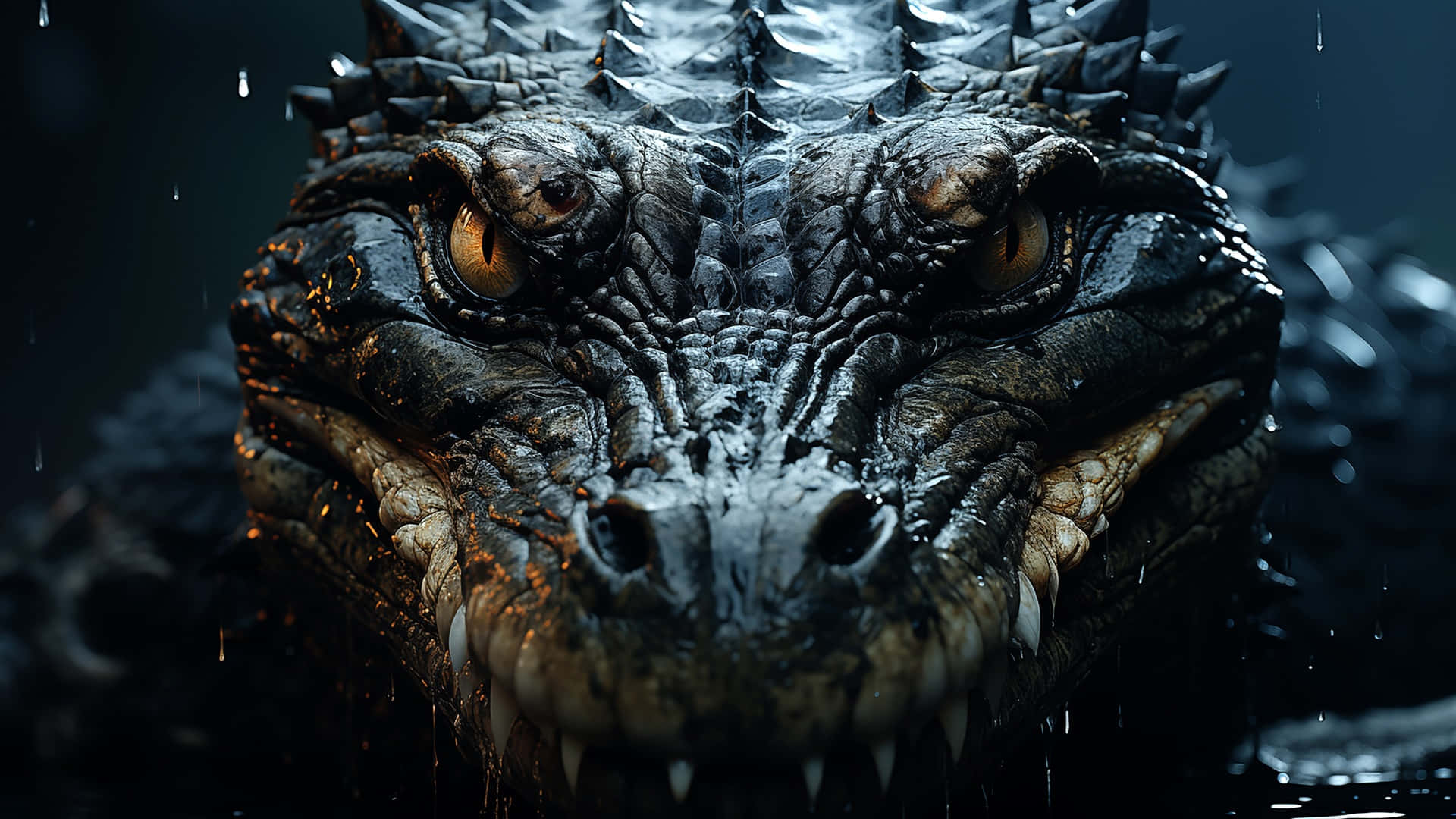 Black Crocodile, glowing amber eyes, raindrops, Full HD Desktop Wallpaper