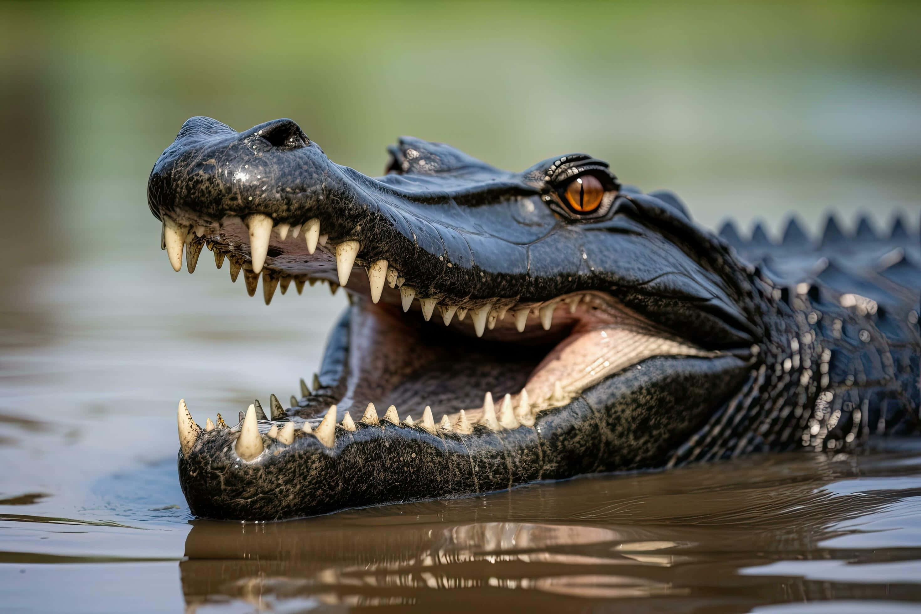 Black Crocodile, orange eyes, murky water, 2K Desktop Wallpaper