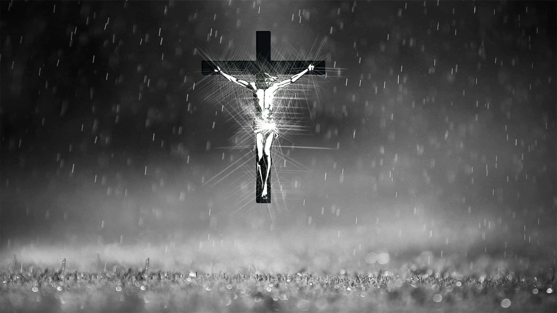 Black Cross, crucifixion scene, monochrome rain, Full HD Desktop Wallpaper