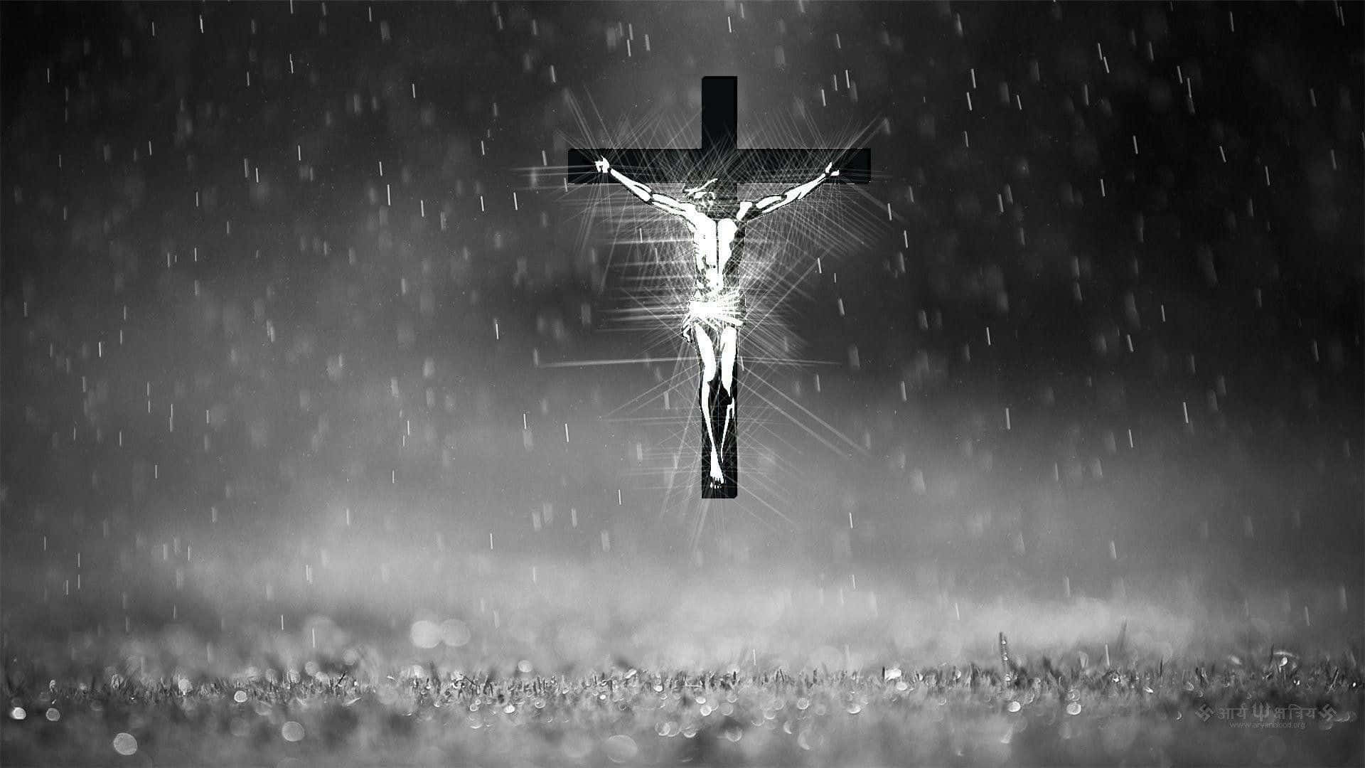 Black Cross, crucifixion scene, monochrome rain, Full HD Desktop Wallpaper