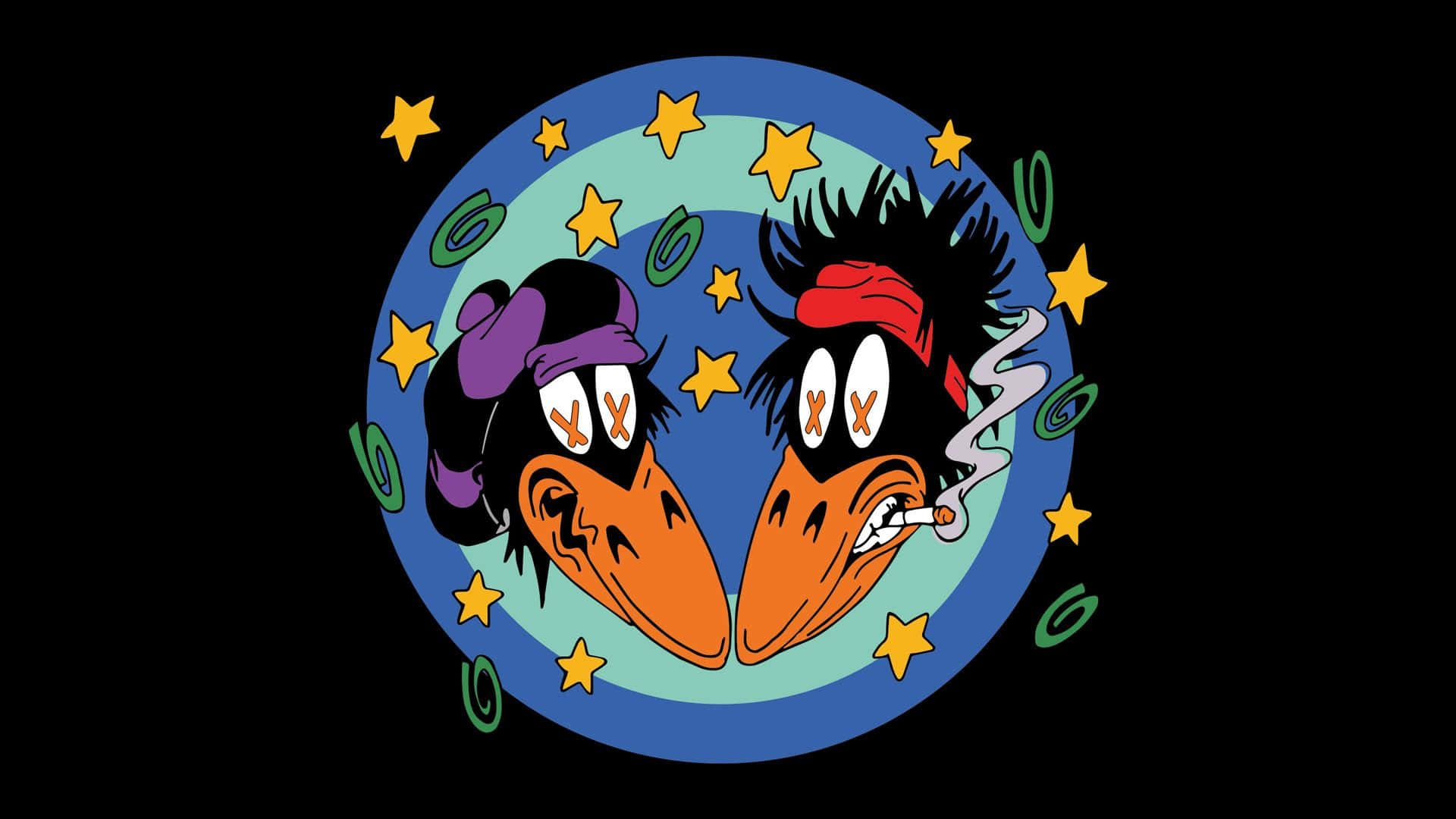 Black Crowes, orange bird heads, X eyes, Full HD Desktop Wallpaper