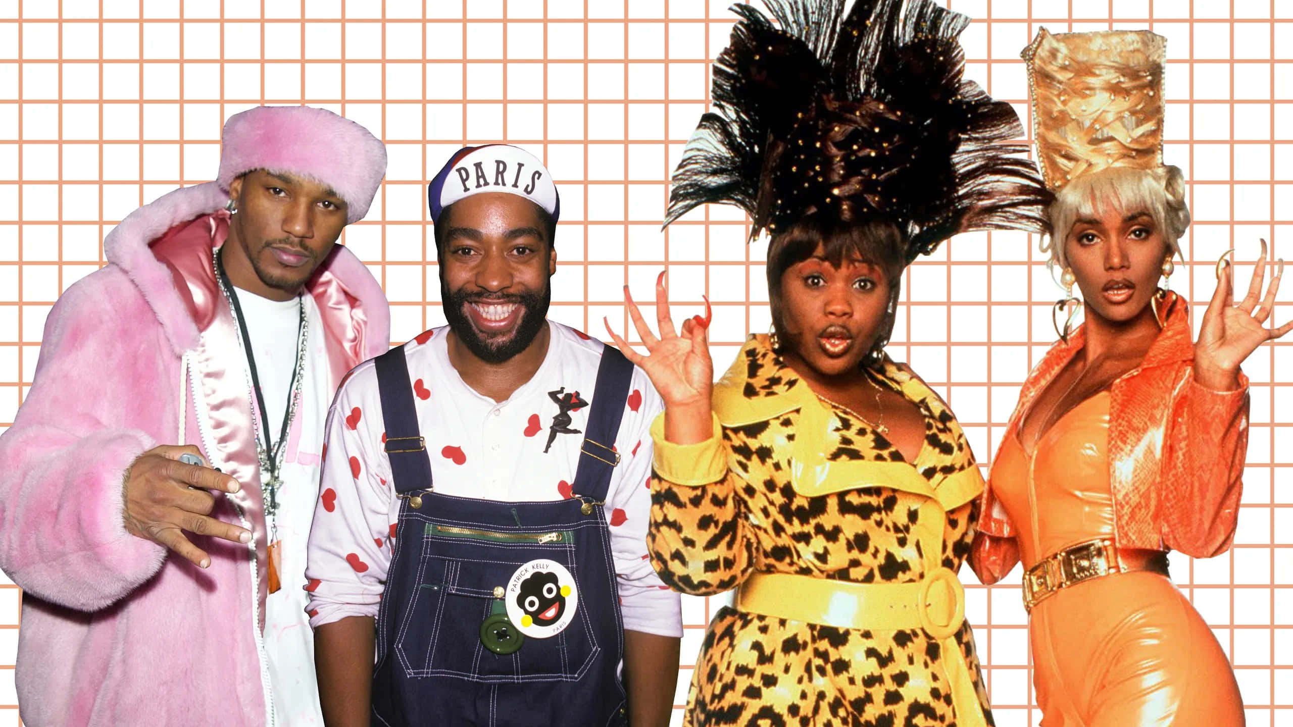 1980s fashion, grid background, Four stylishly dressed individuals, 2K Desktop Wallpaper