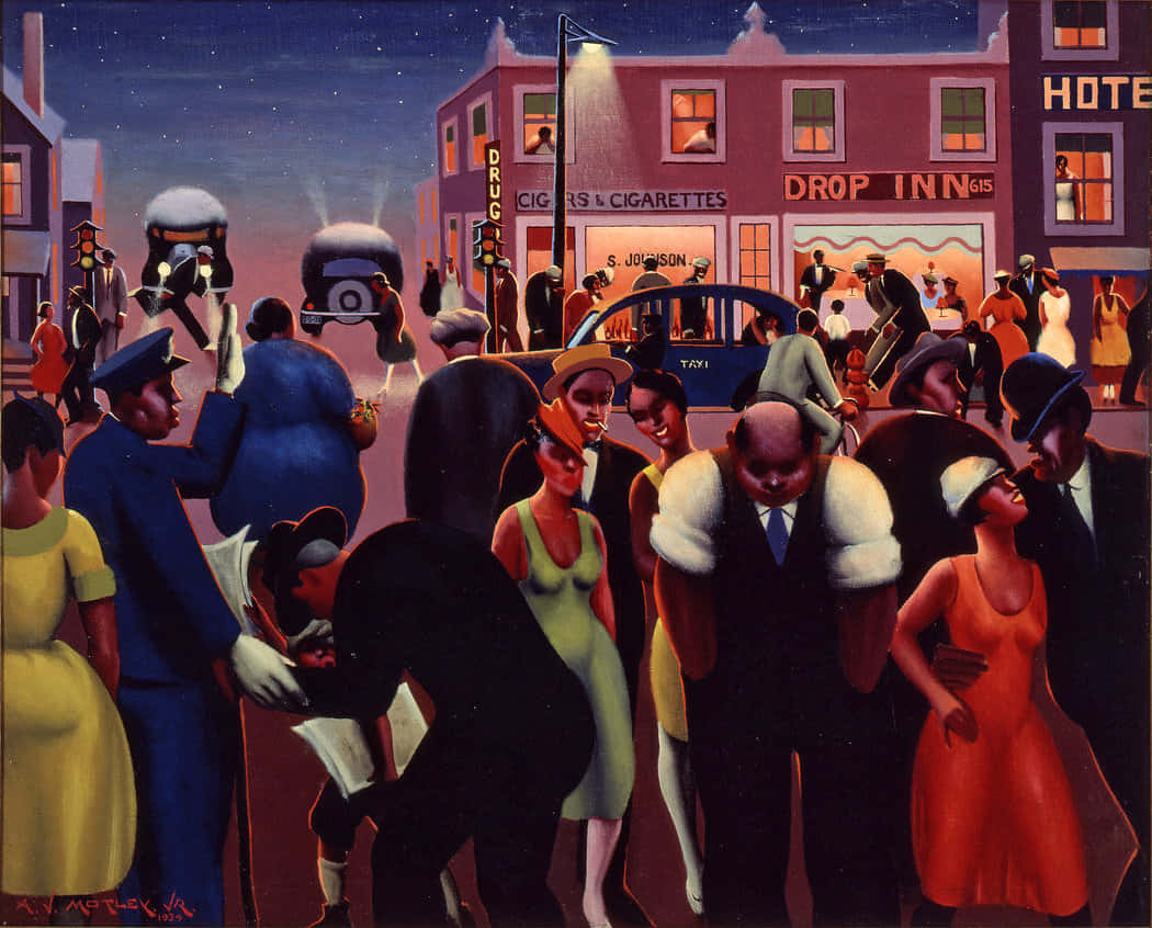 1930s street scene, night, neon signs, SD Desktop Wallpaper