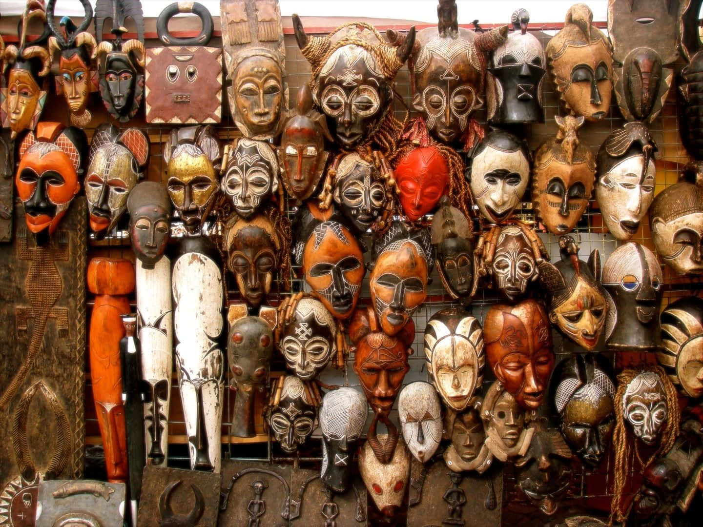 African Culture, hand-carved wooden masks, earthy tones, HD Desktop Wallpaper