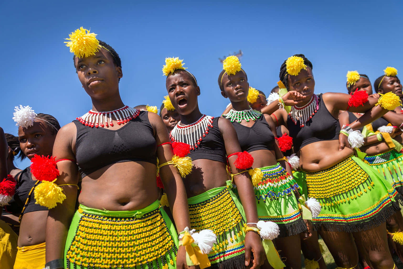 Black Culture, traditional beaded costumes, yellow pom-poms, HD Desktop Wallpaper