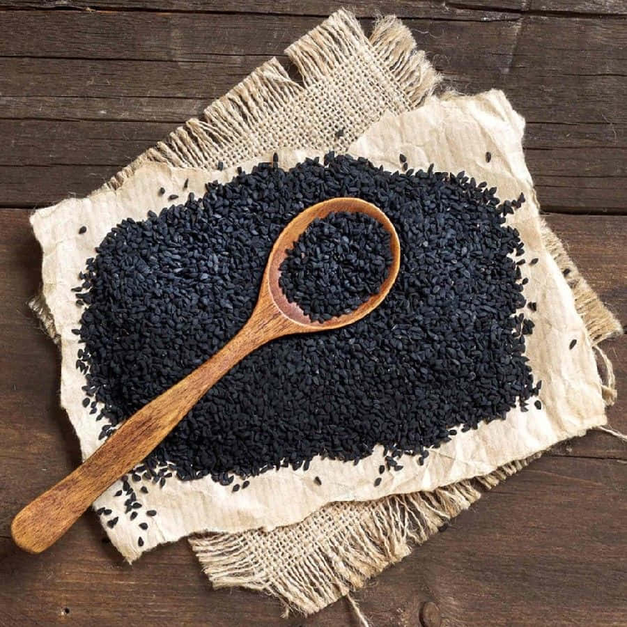 Black Cumin, wooden spoon, black sesame seeds, SD Desktop Wallpaper