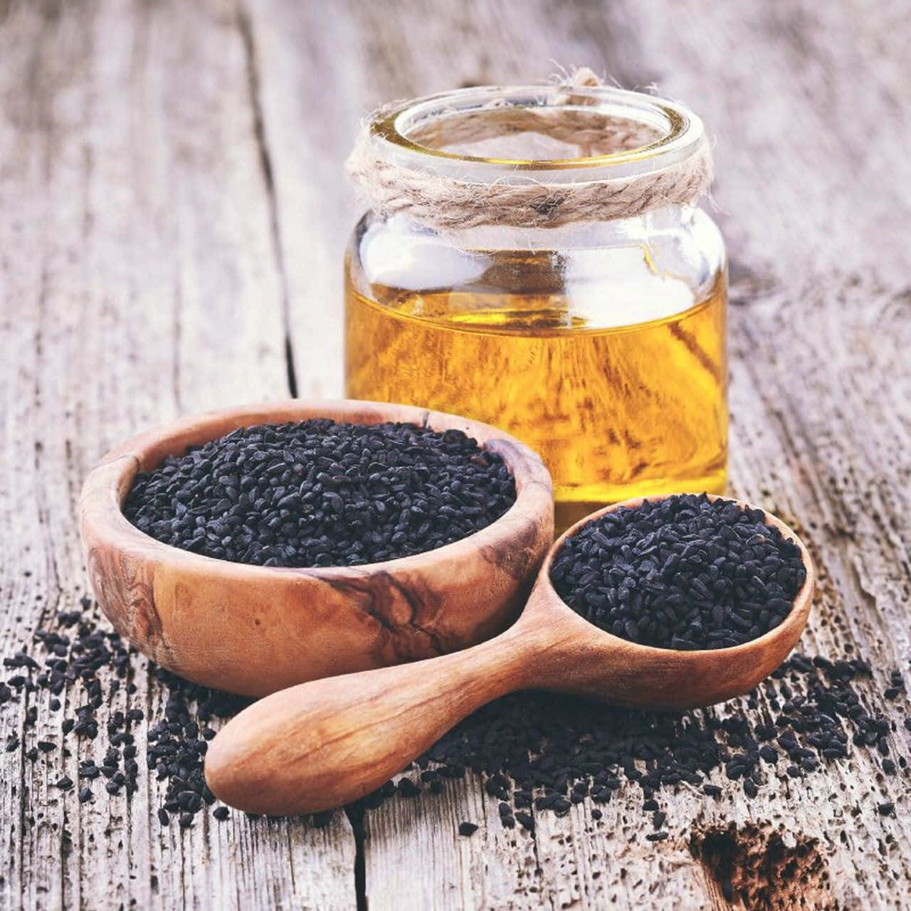 Black Cumin, wooden bowl, spoon, HD Desktop Wallpaper