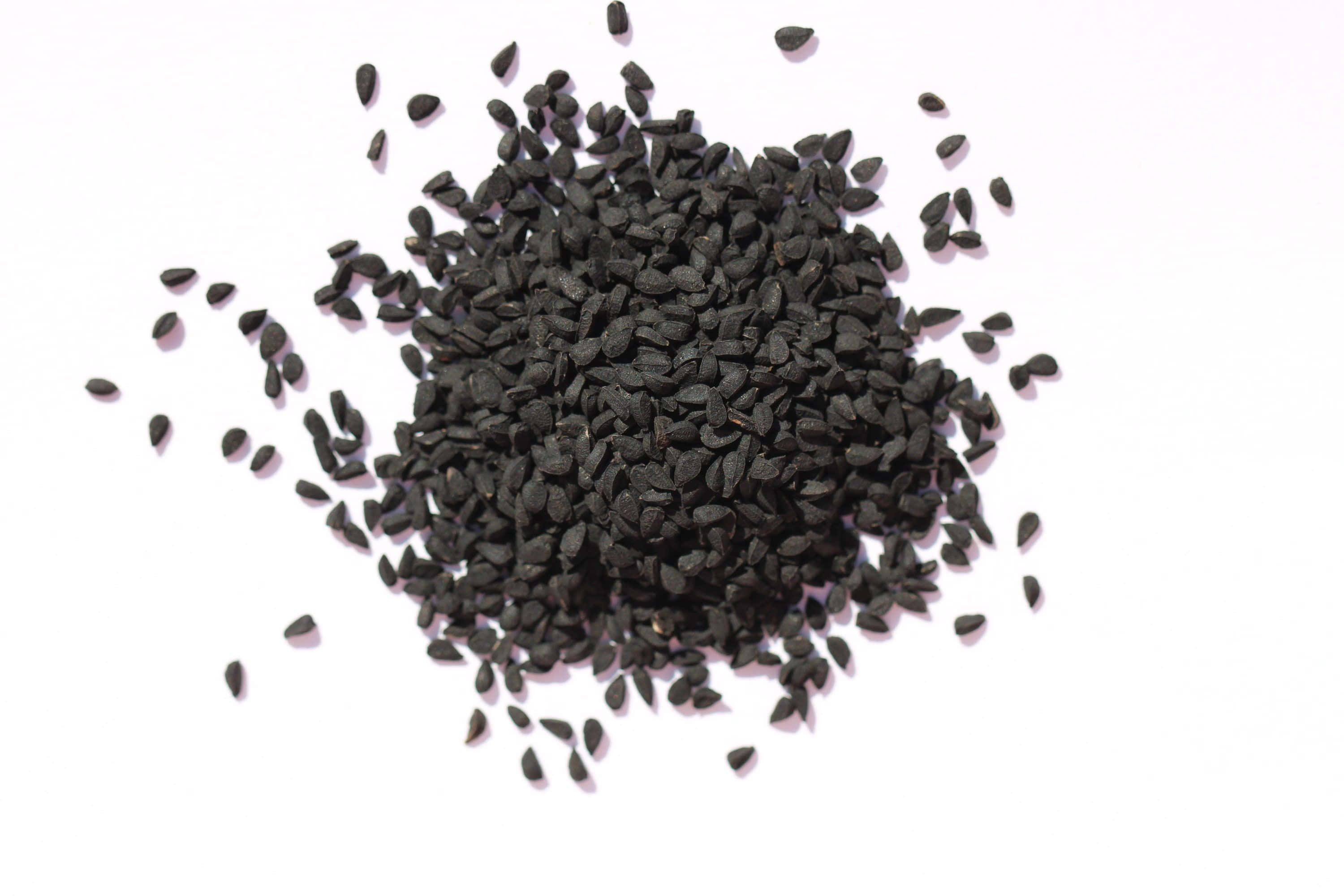 black cumin, bowl, glossy black sesame seeds, 2K Desktop Wallpaper