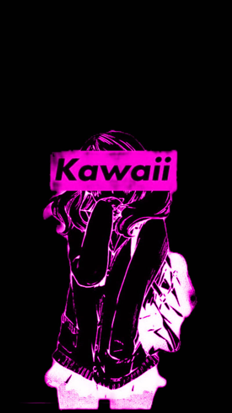Kawaii, glowing pink anime girl silhouette, black background, HD Phone Wallpaper