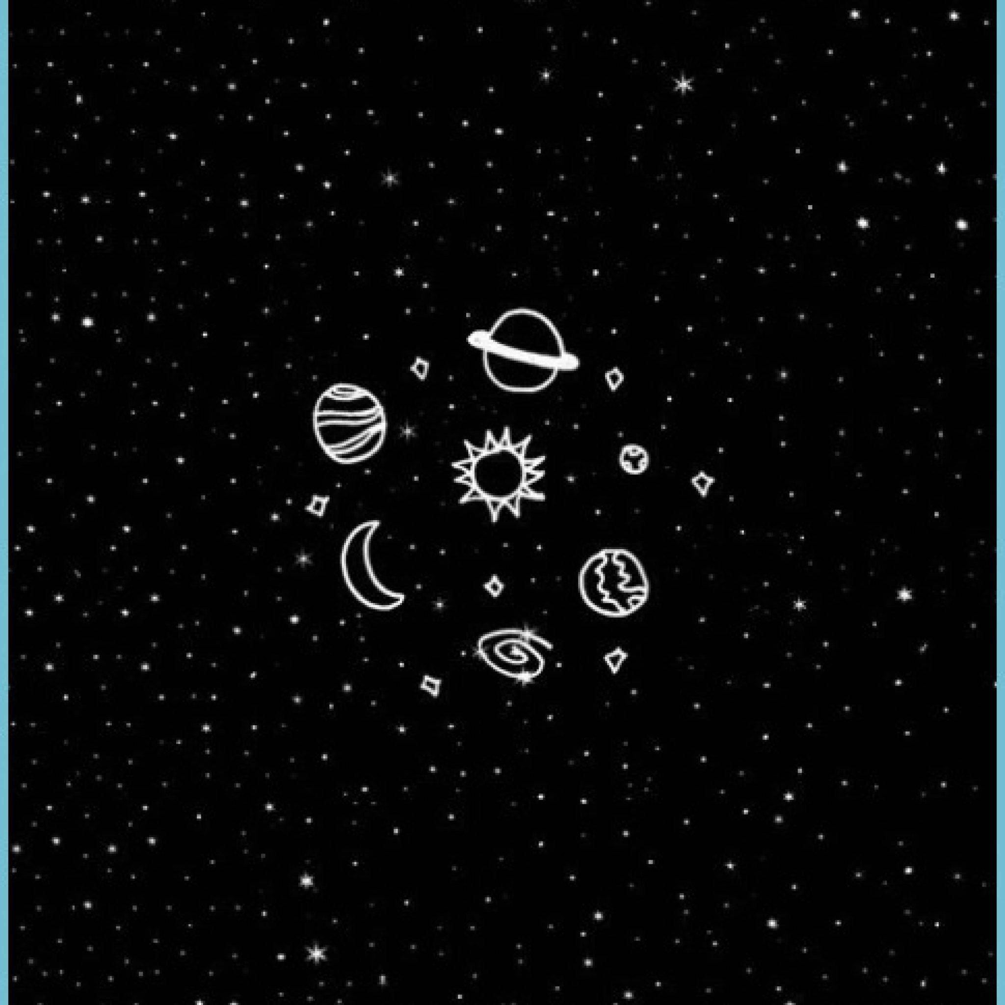 Black Cute Girly, solar system, minimalist white line drawing, Full HD Desktop Wallpaper