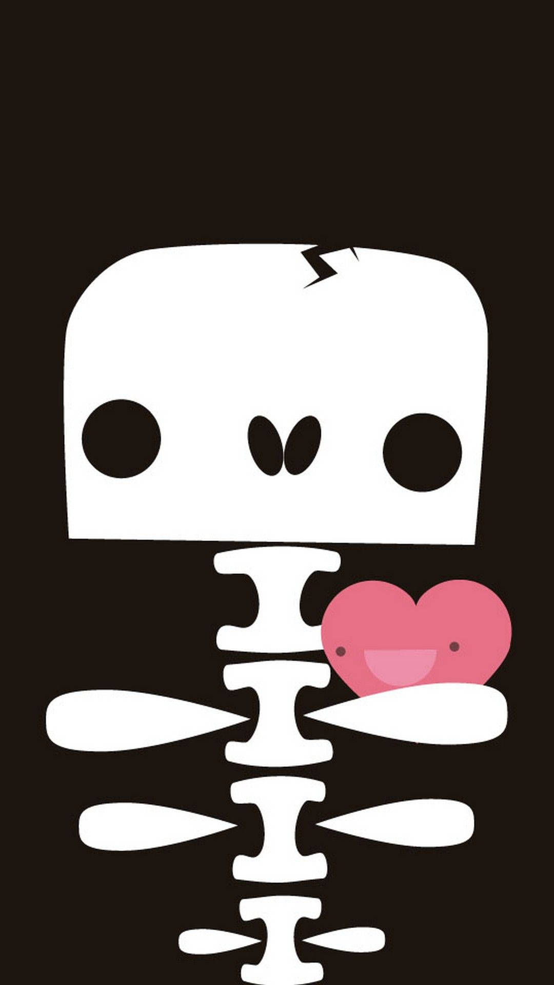 Black Cute Girly, white cartoon skeleton, smiling pink heart, Full HD Phone Wallpaper
