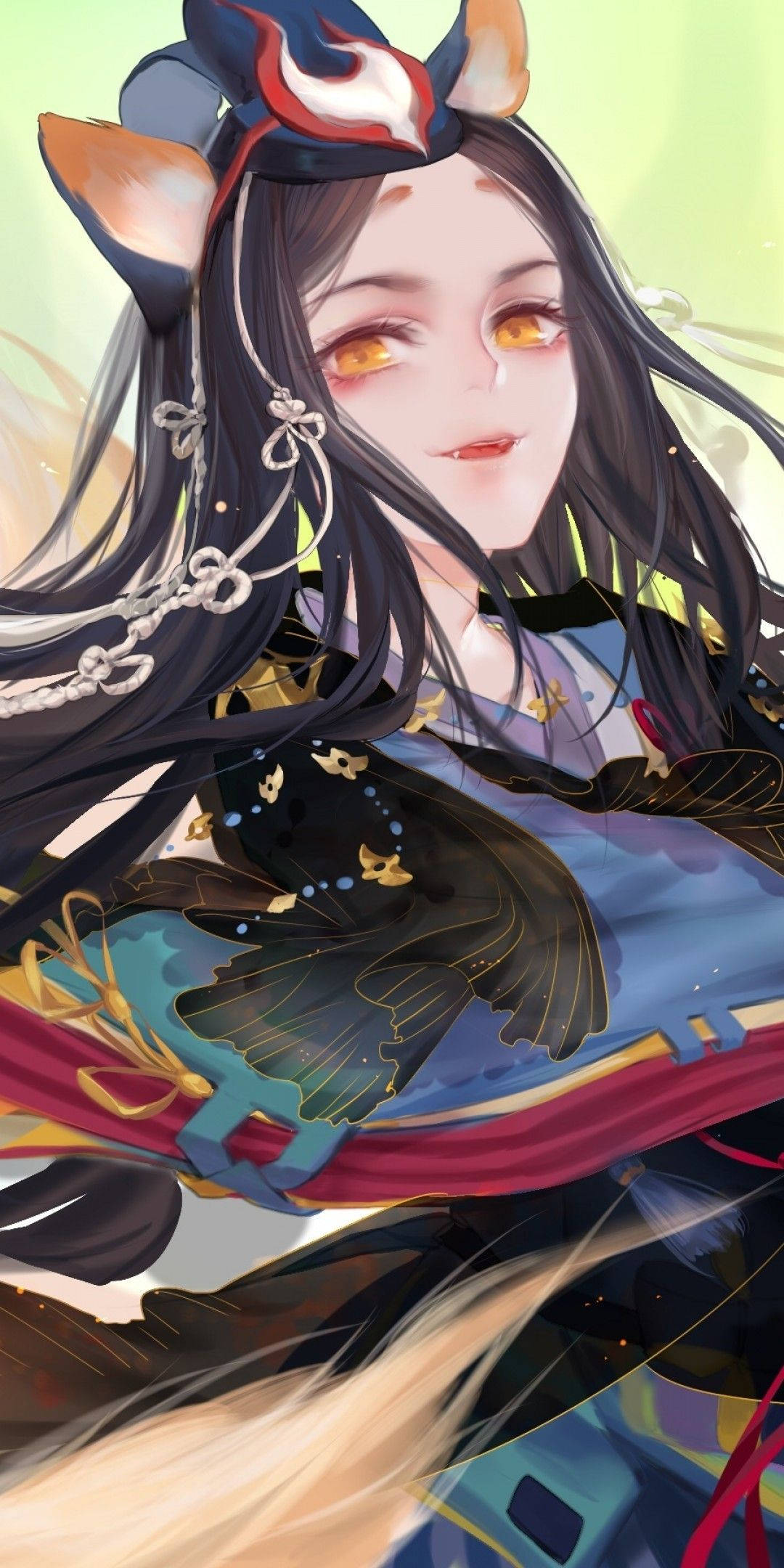kitsune, black-haired, fox ears, Full HD Phone Wallpaper