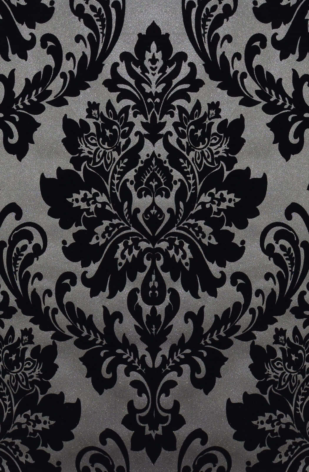 elegant black damask pattern, shimmering silver textured wallpaper, intricate floral motifs, HD Phone Wallpaper