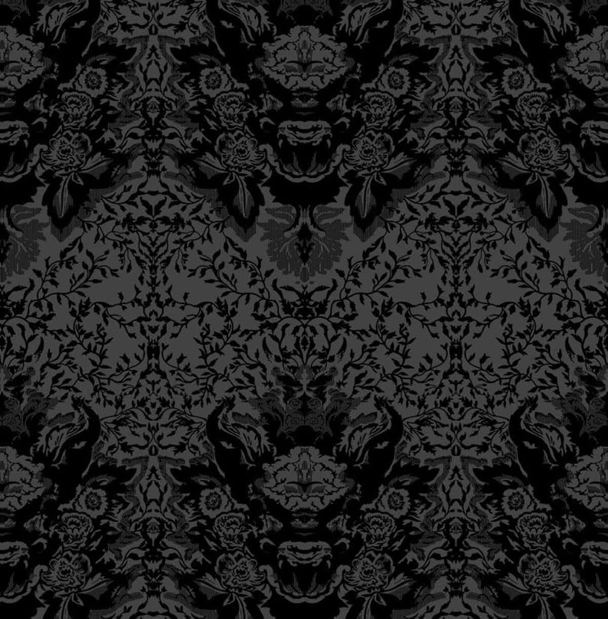 elegant black damask pattern, black and gray damask wallpaper pattern, symmetrical floral and beast motifs, SD Phone Wallpaper