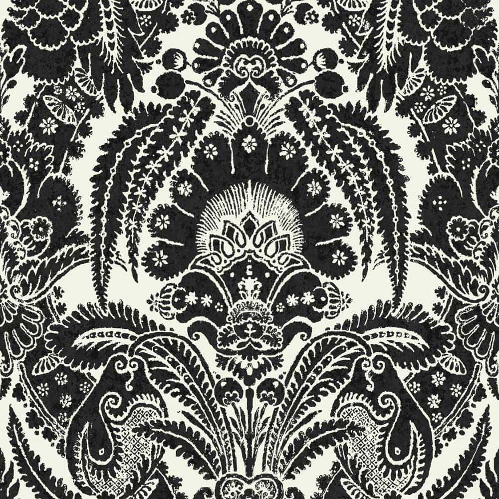 elegant black damask pattern, black and white damask, symmetrical floral and leaf motifs, SD Desktop Wallpaper