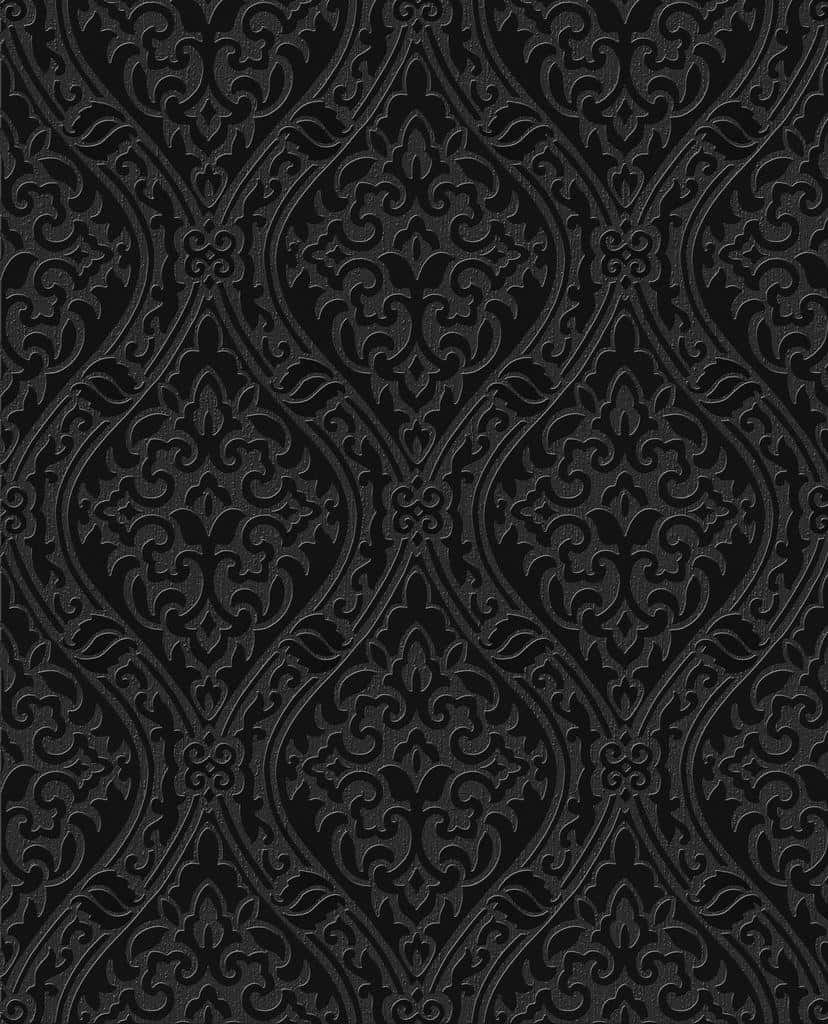 elegant black damask pattern, intricate embossed floral and vine patterns, repeating diamond grid, SD Phone Wallpaper