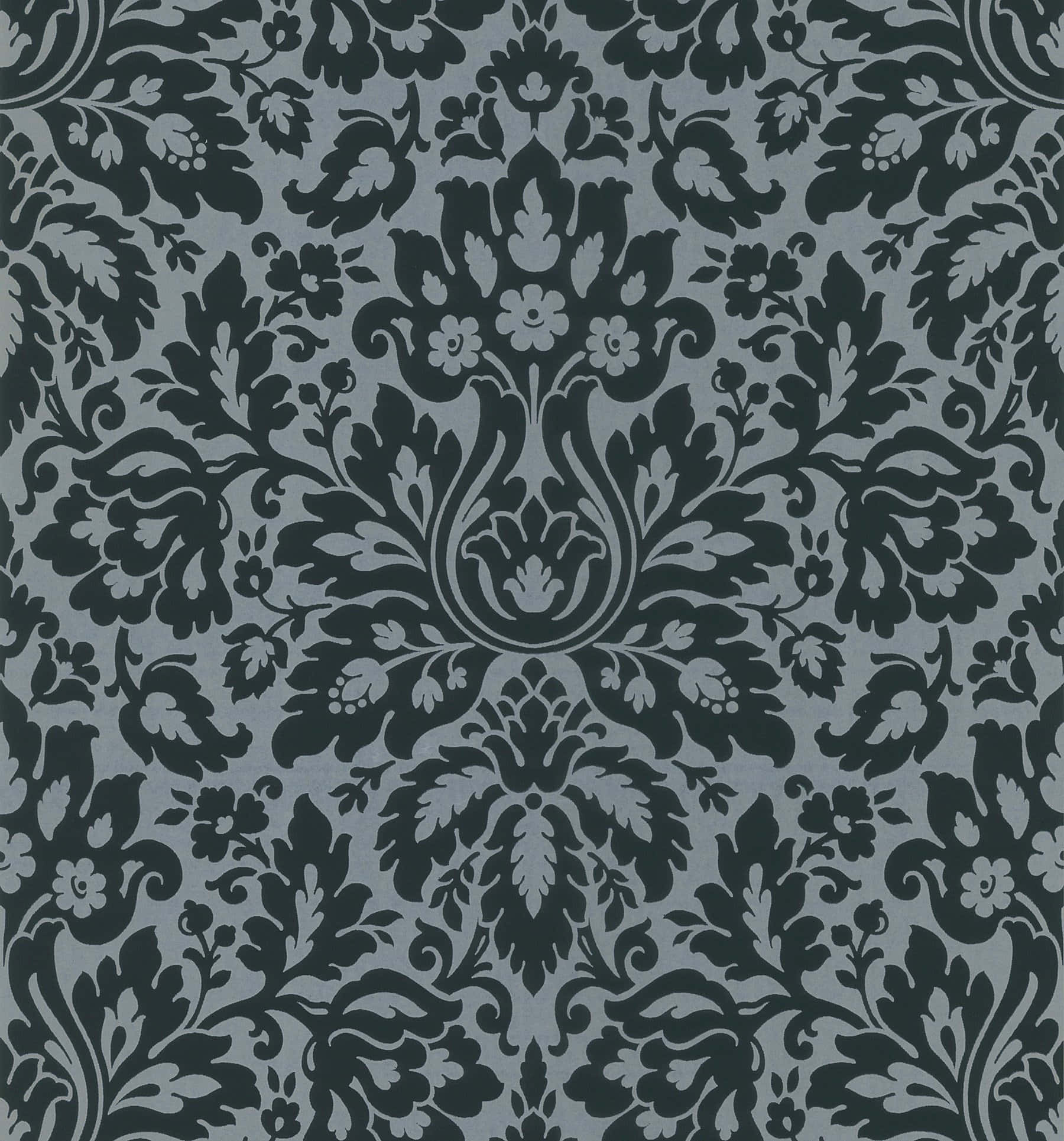 elegant black damask pattern, dark green floral motifs, muted gray background, Full HD Phone Wallpaper