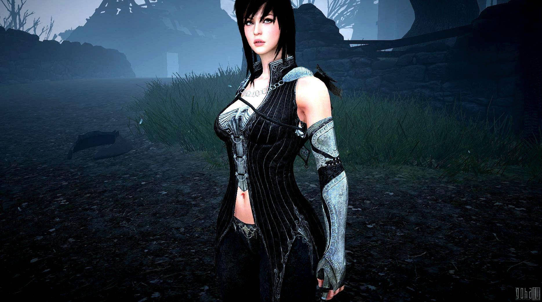 Black Desert Online, dark-haired female warrior, ornate black and silver armor, HD Desktop Wallpaper