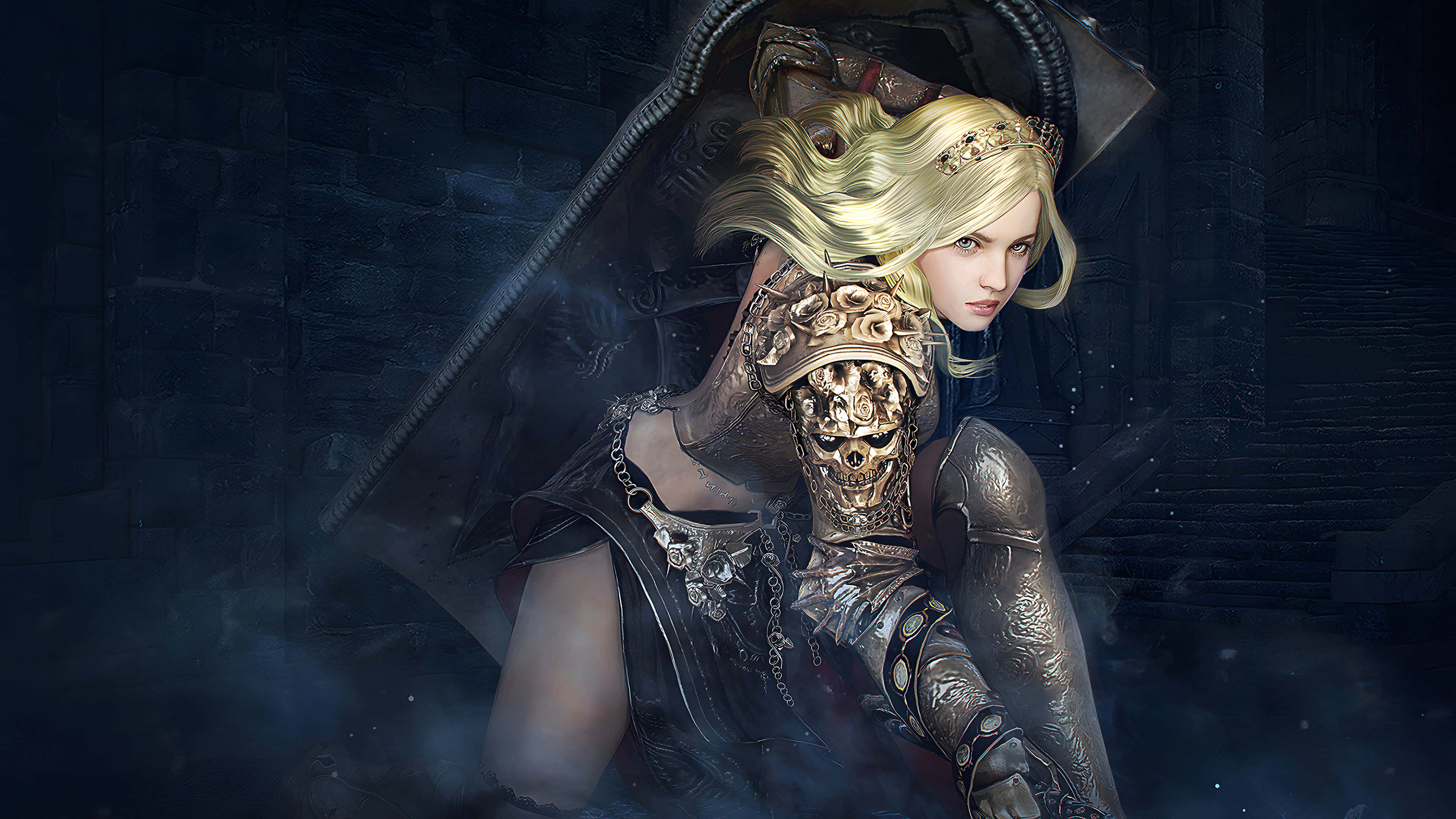 Black Desert Online, blonde armored warrior, skull motif, 4K Desktop Wallpaper
