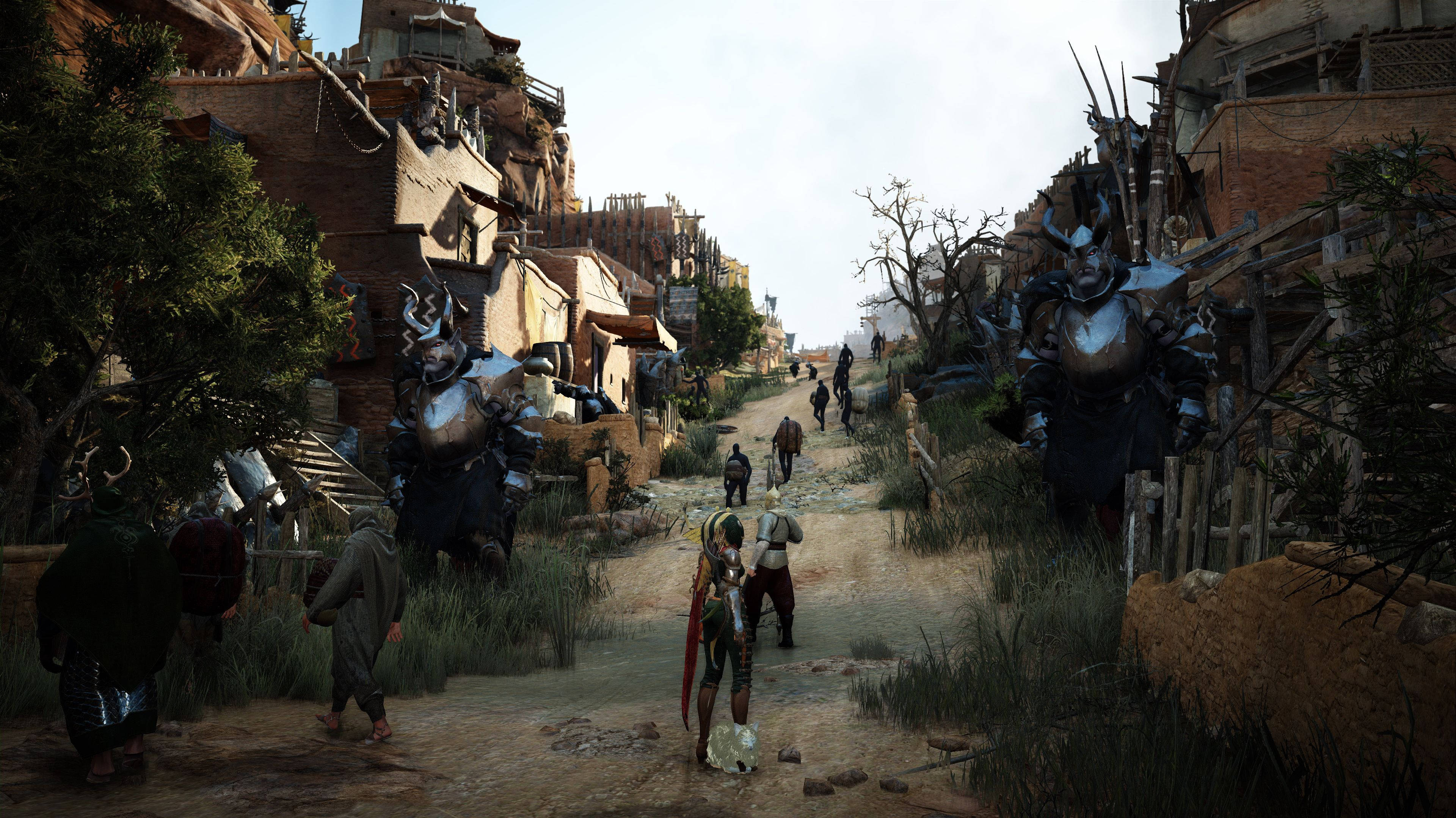 Black Desert Online, sunlit dusty village street, armored warriors, 4K Desktop Wallpaper