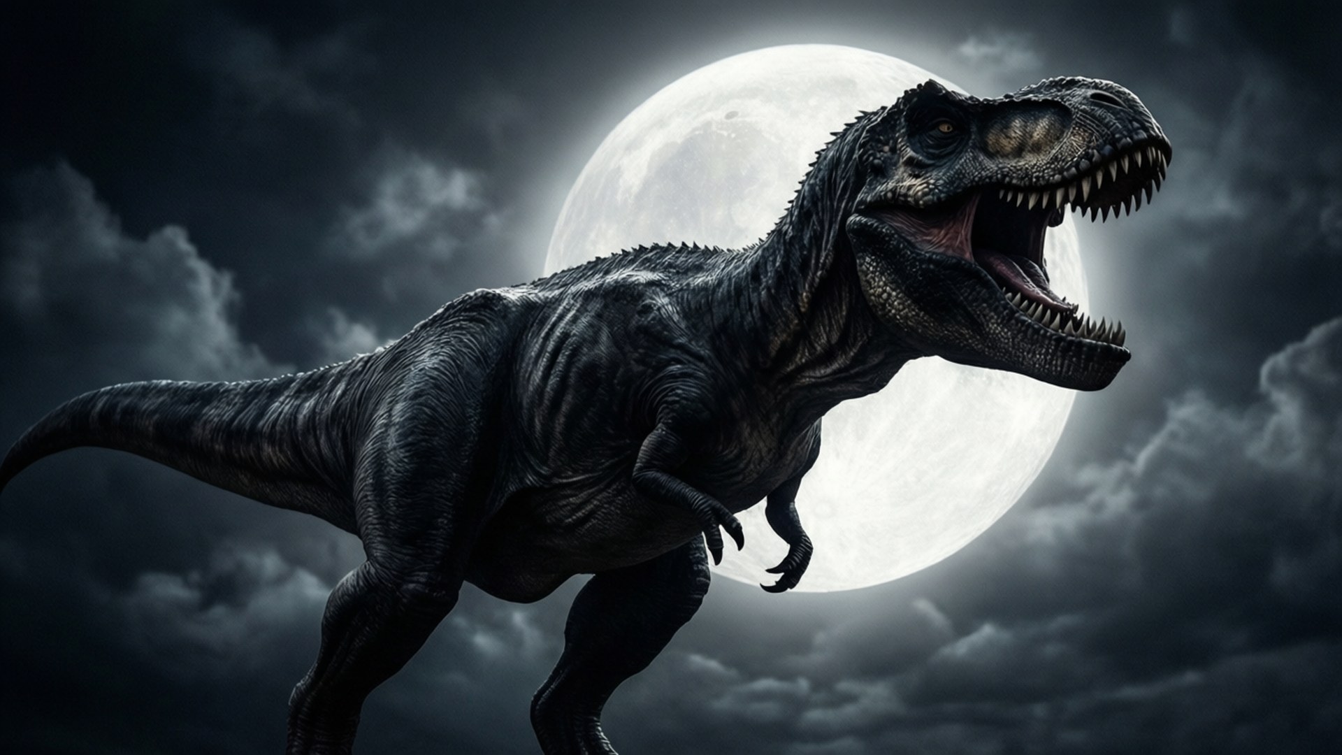Black Dinosaur, full moon, dramatic night sky, Full HD Desktop Wallpaper