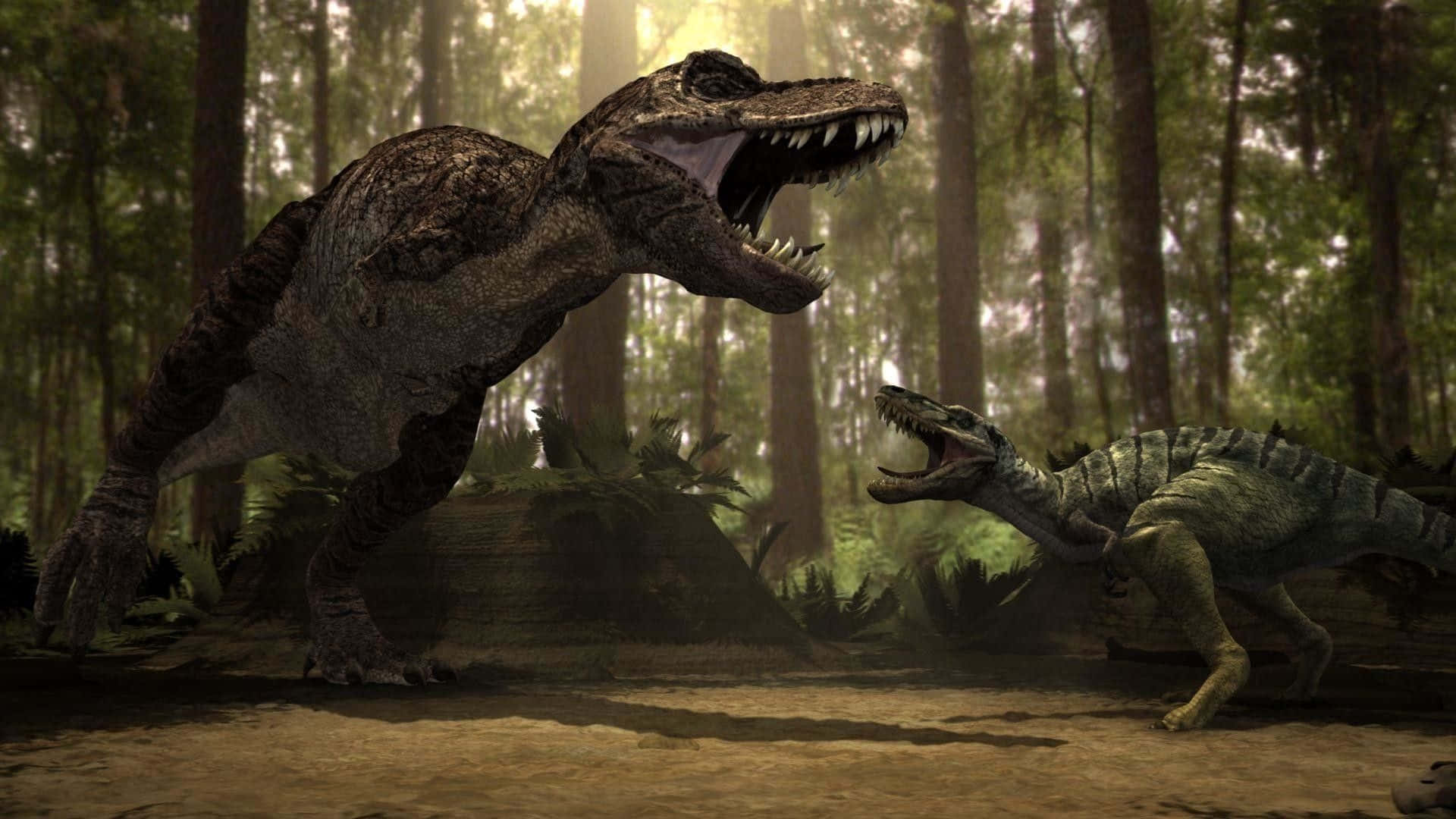 black dinosaur, ancient forest, towering trees, Full HD Desktop Wallpaper
