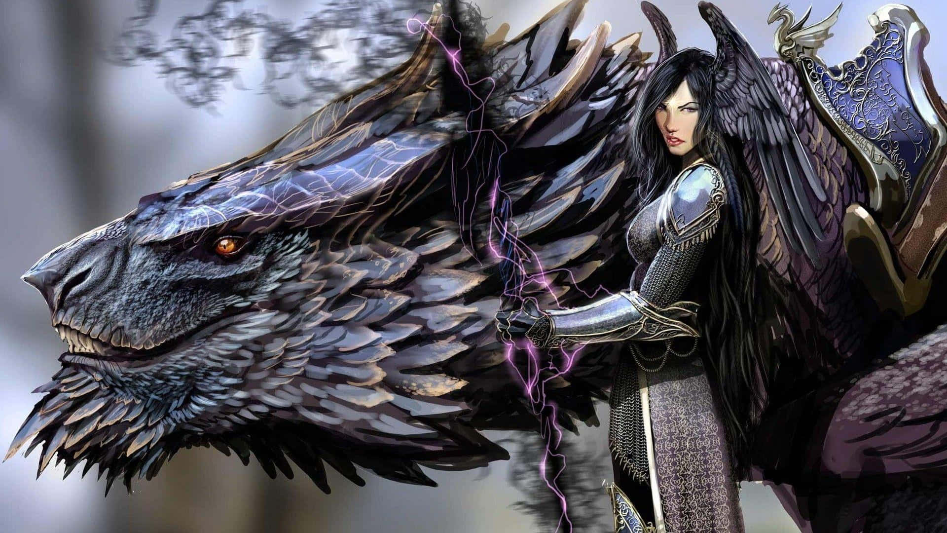 Black Dragon, dark-winged warrior, metallic armor, Full HD Desktop Wallpaper