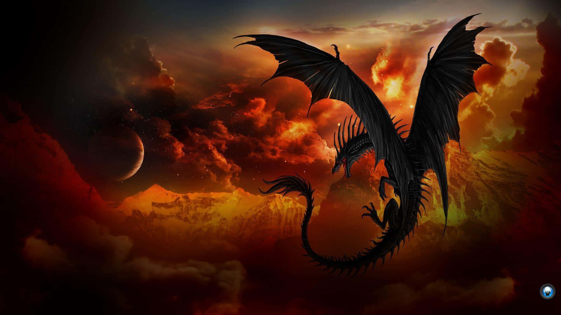 Black Dragon, fiery sunset sky, jagged clouds, Full HD Desktop Wallpaper