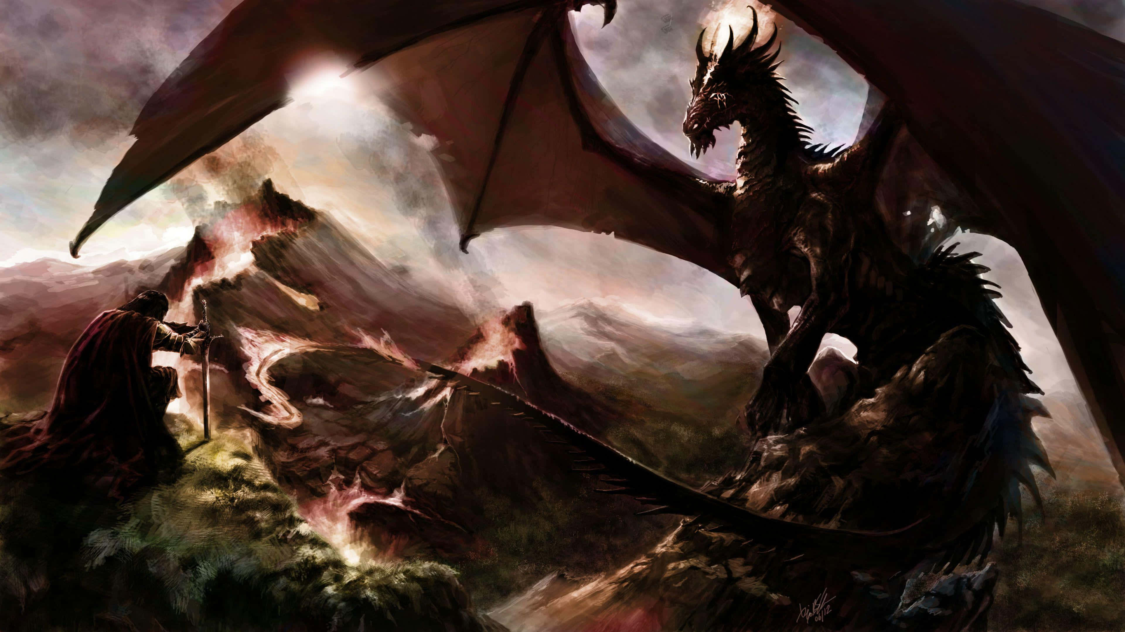 black dragon, red cloak, jagged mountain peak, 4K Desktop Wallpaper