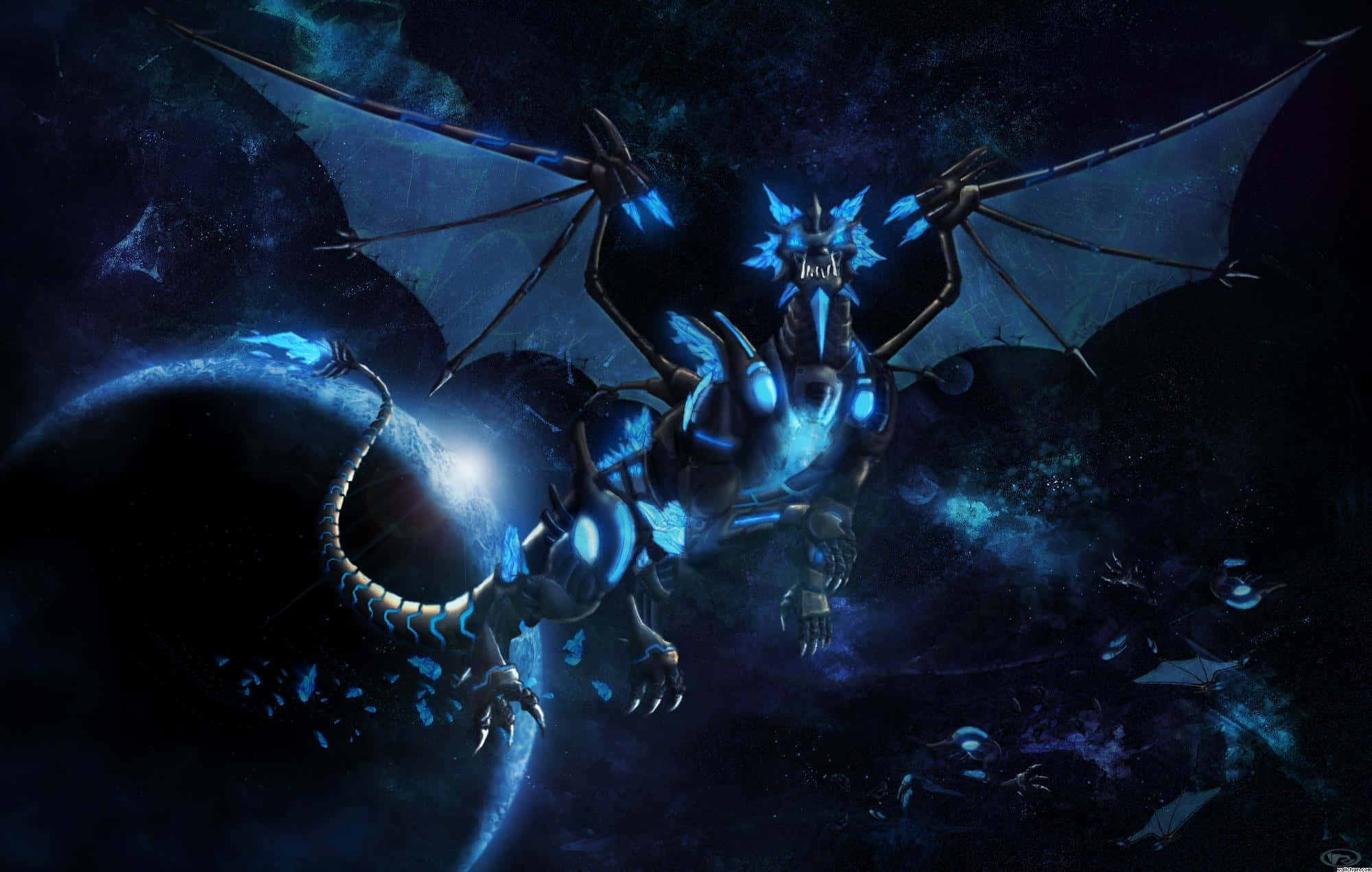 Black Dragon, glowing blue, mechanical dragon, Full HD Desktop Wallpaper
