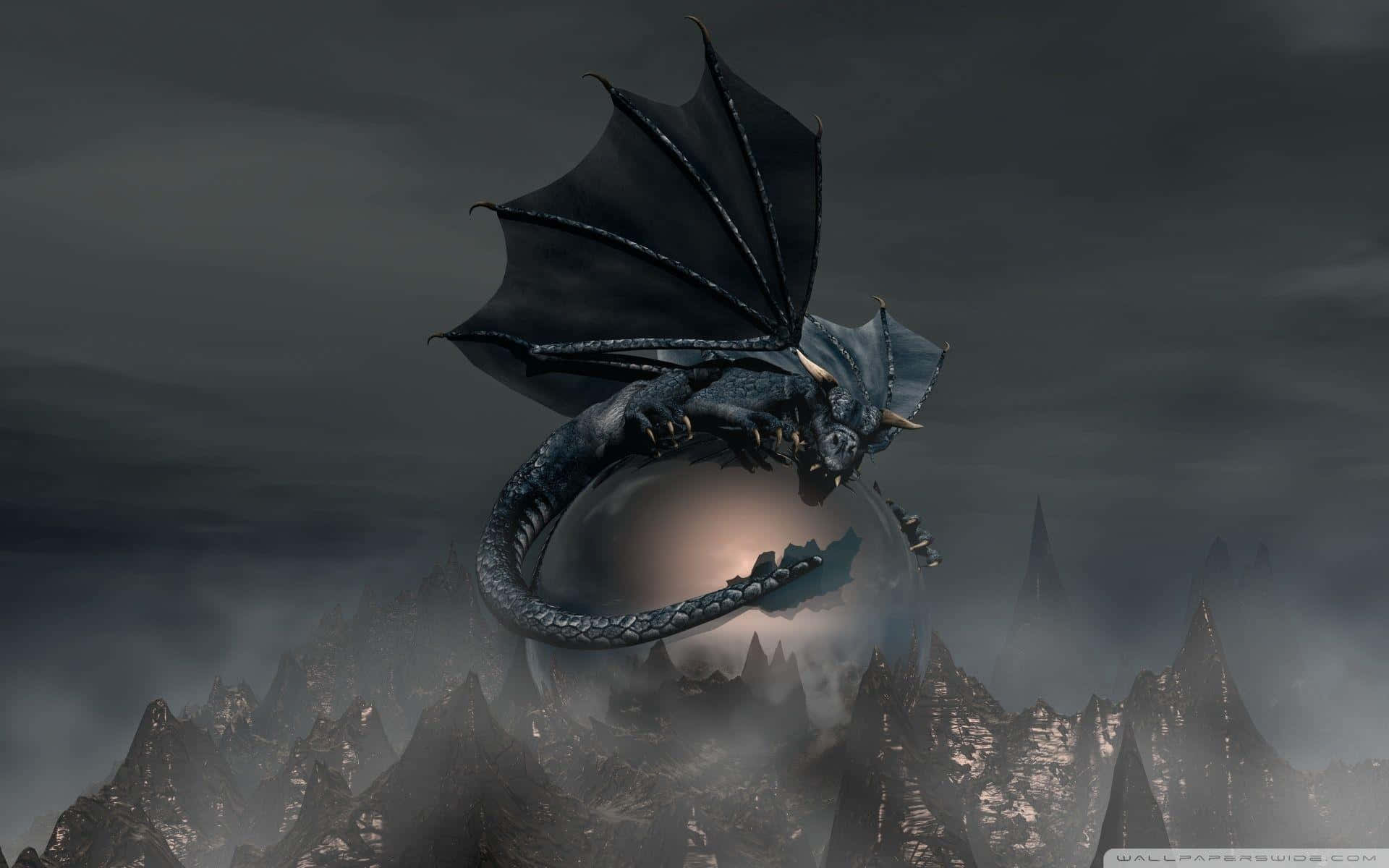 Black Dragon, glowing orb, misty jagged mountains, Full HD Desktop Wallpaper