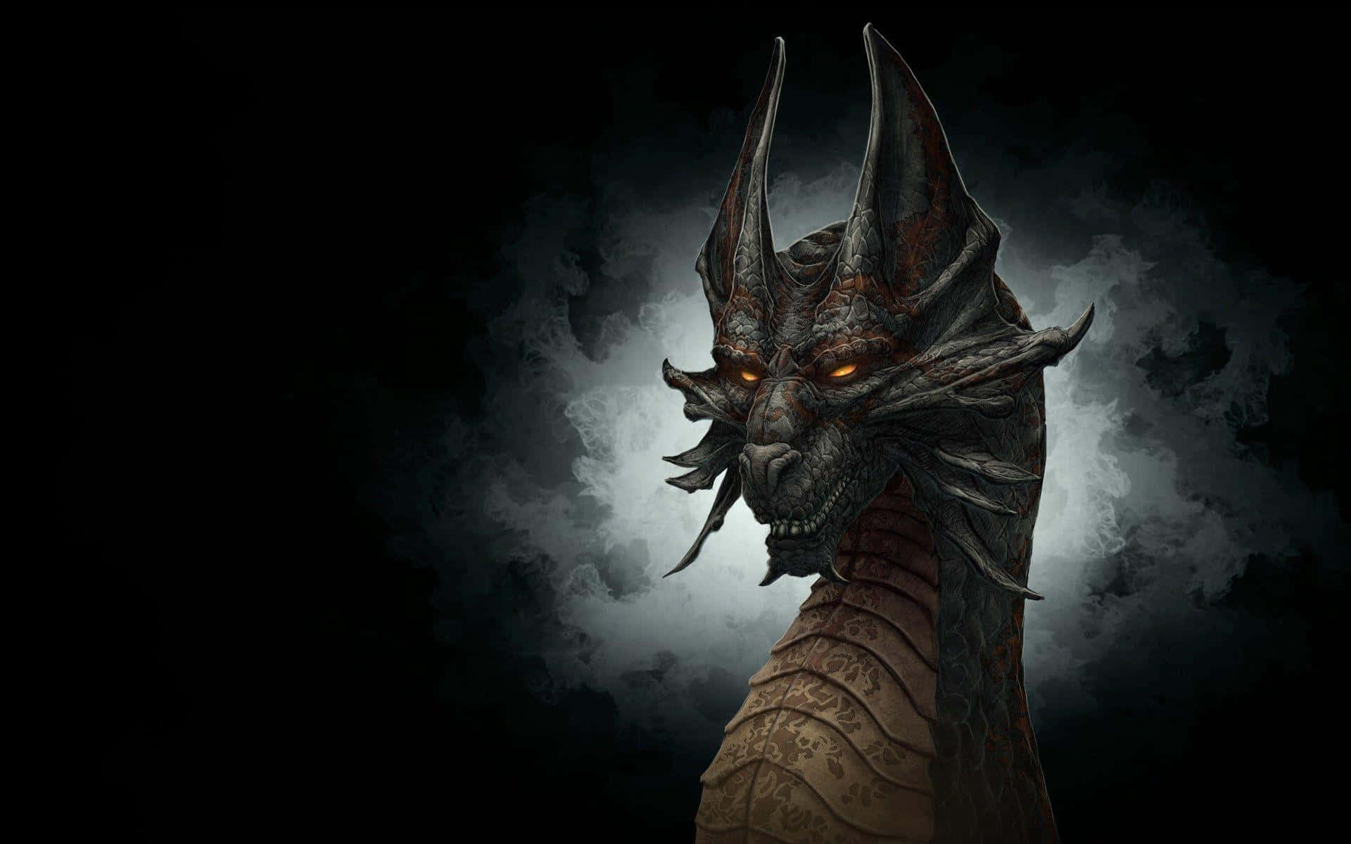 Black Dragon, glowing orange eyes, spiked horns, Full HD Desktop Wallpaper