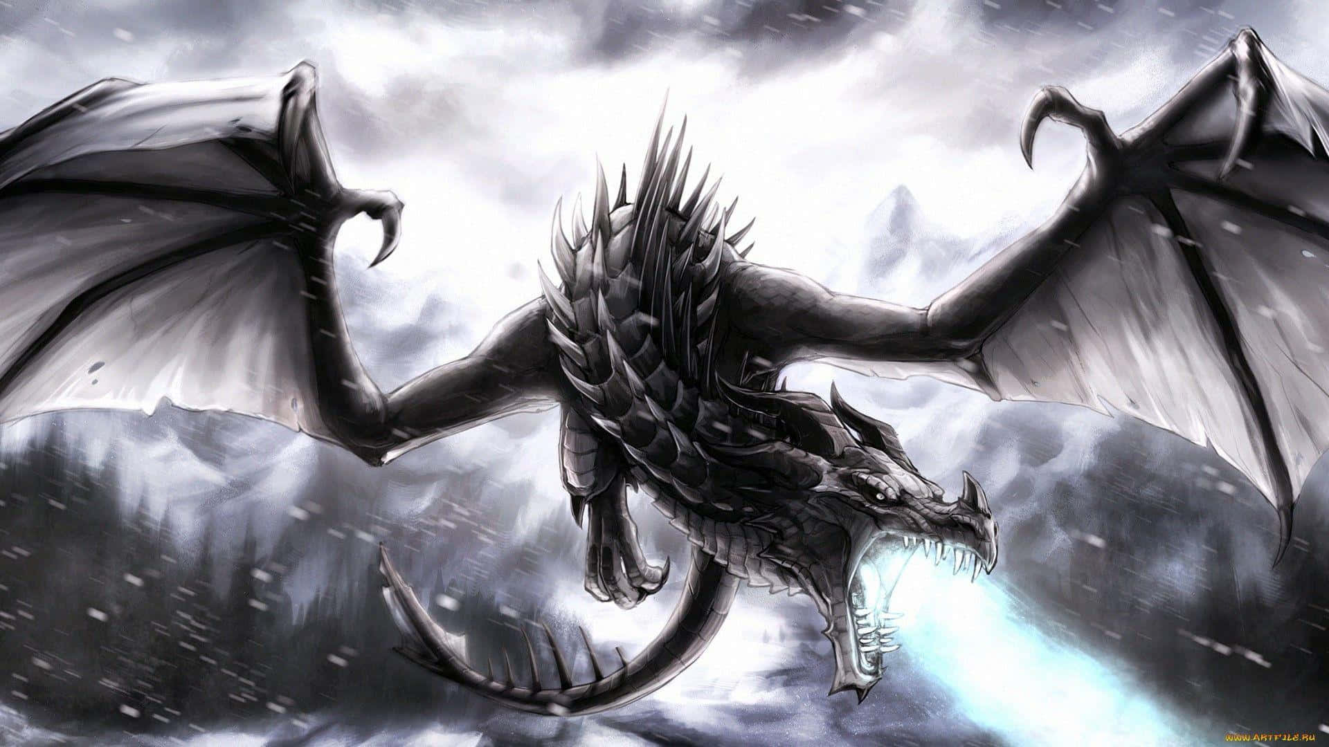 Black Dragon, blue flame, spiked scales, Full HD Desktop Wallpaper