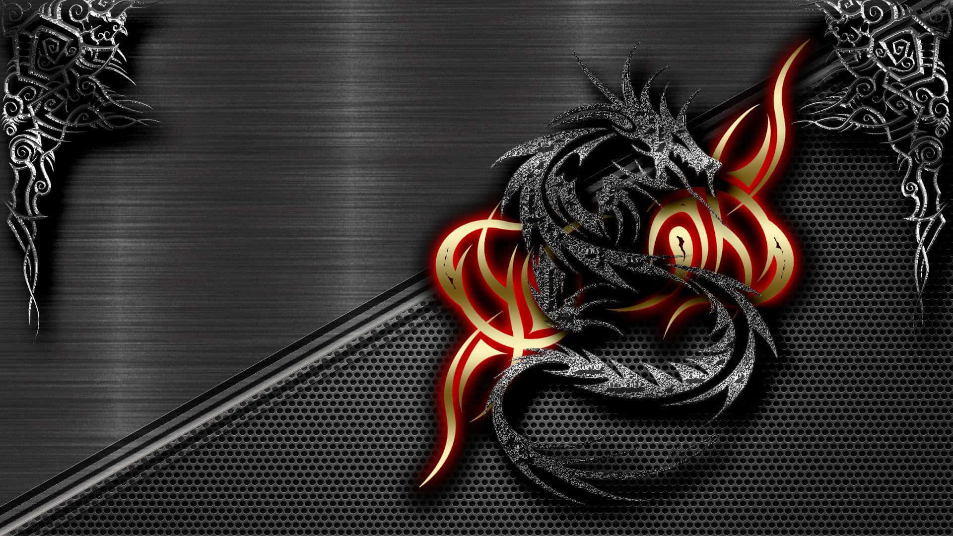 Black Dragon, glowing red, gold accents, Full HD Desktop Wallpaper