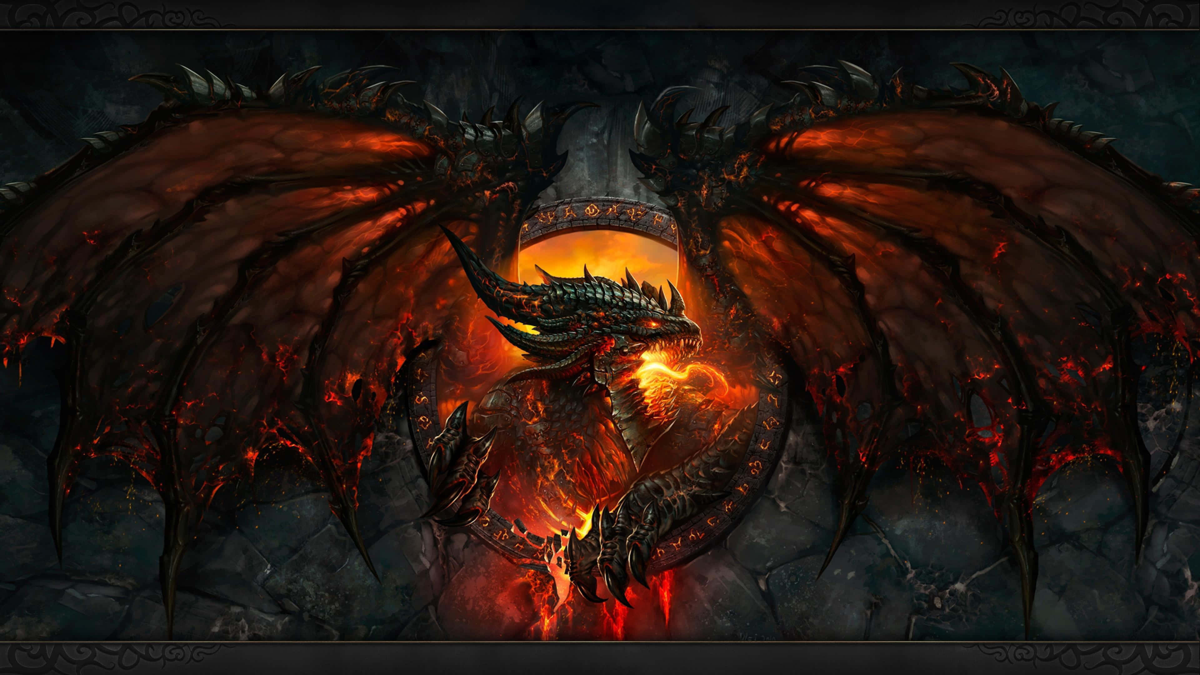 Black Dragon, glowing red eyes, fiery wings, 4K Desktop Wallpaper