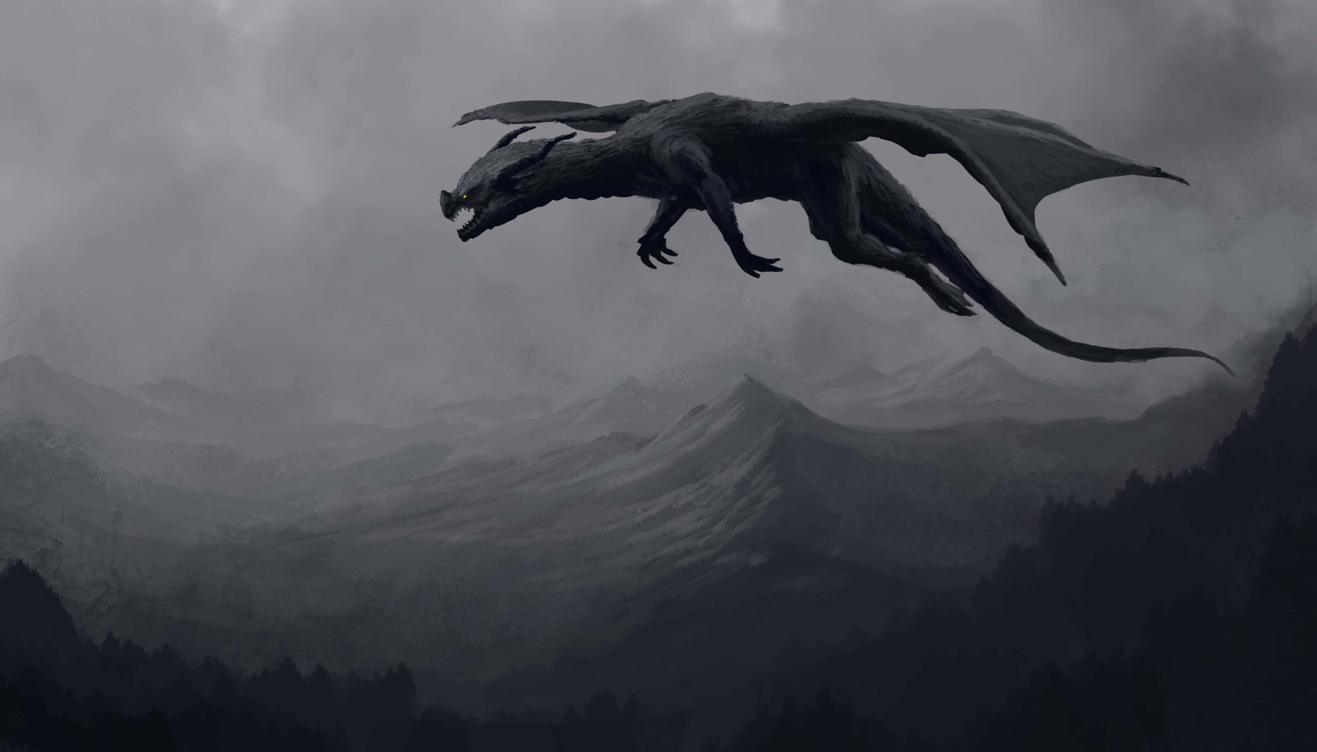 Black Dragon, stormy sky, misty mountains, 4K Desktop Wallpaper