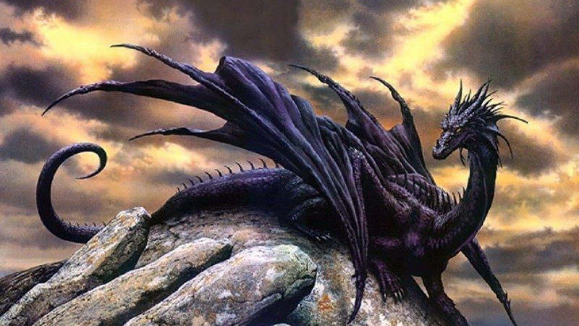 Black Dragon, spiked wings, jagged rocks, Full HD Desktop Wallpaper