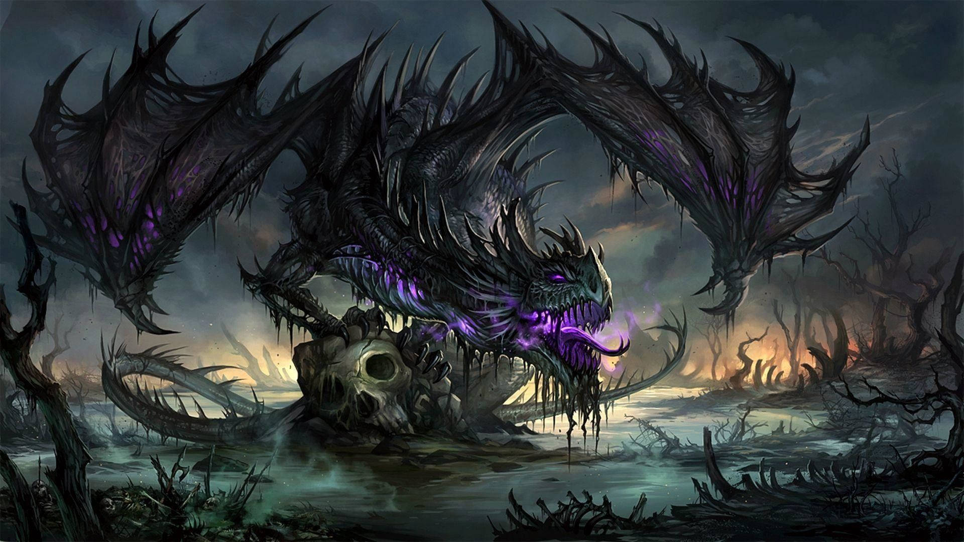 Black Dragon, glowing purple eyes, venomous fangs, Full HD Desktop Wallpaper