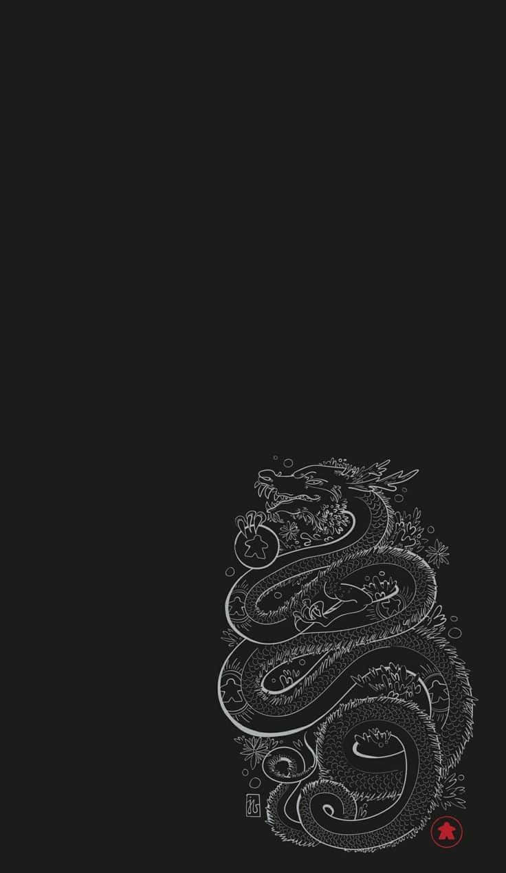 black background, white line drawing, coiled dragon, SD Phone Wallpaper