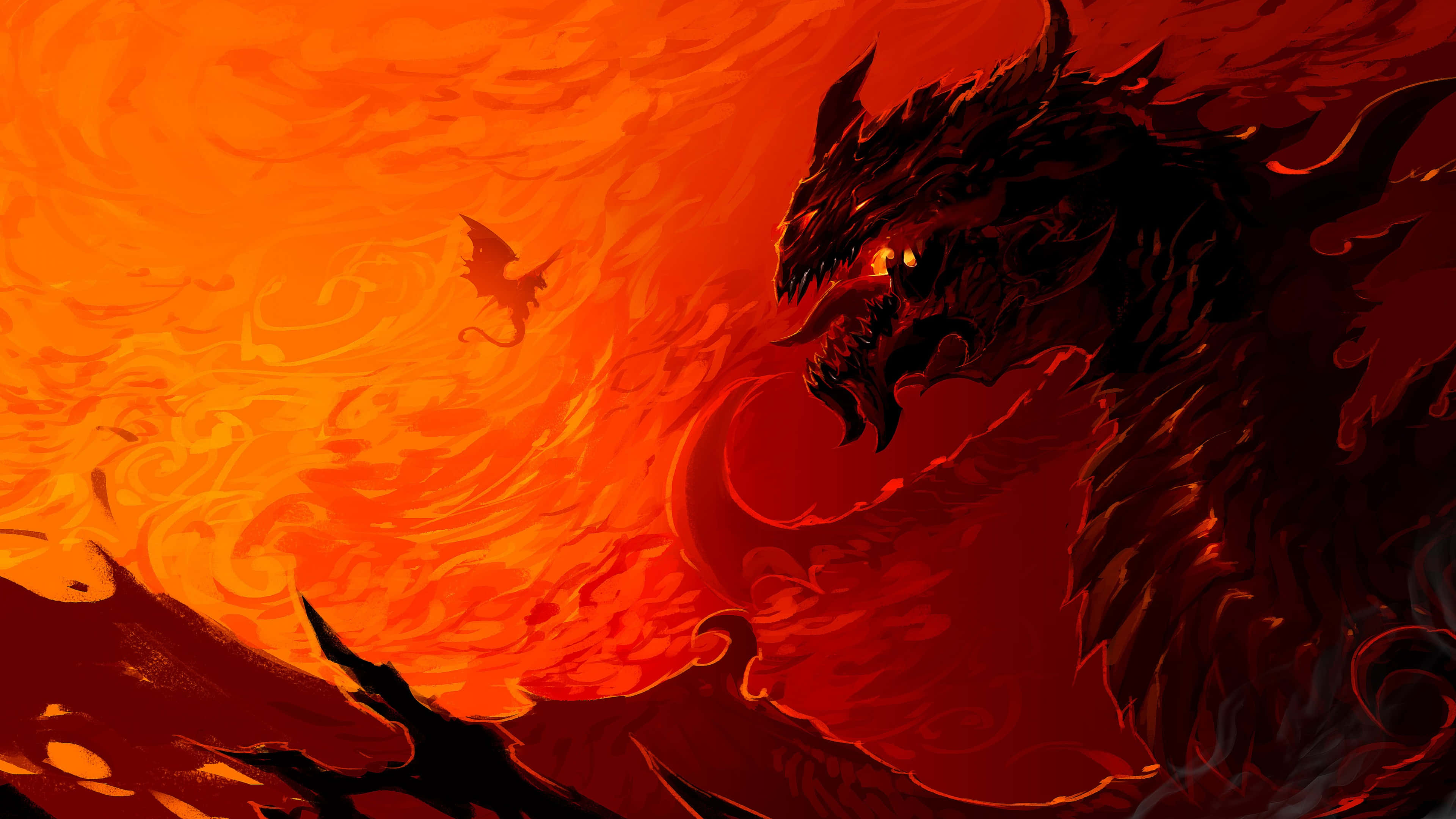 black dragon, flames, fire, 4K Desktop Wallpaper
