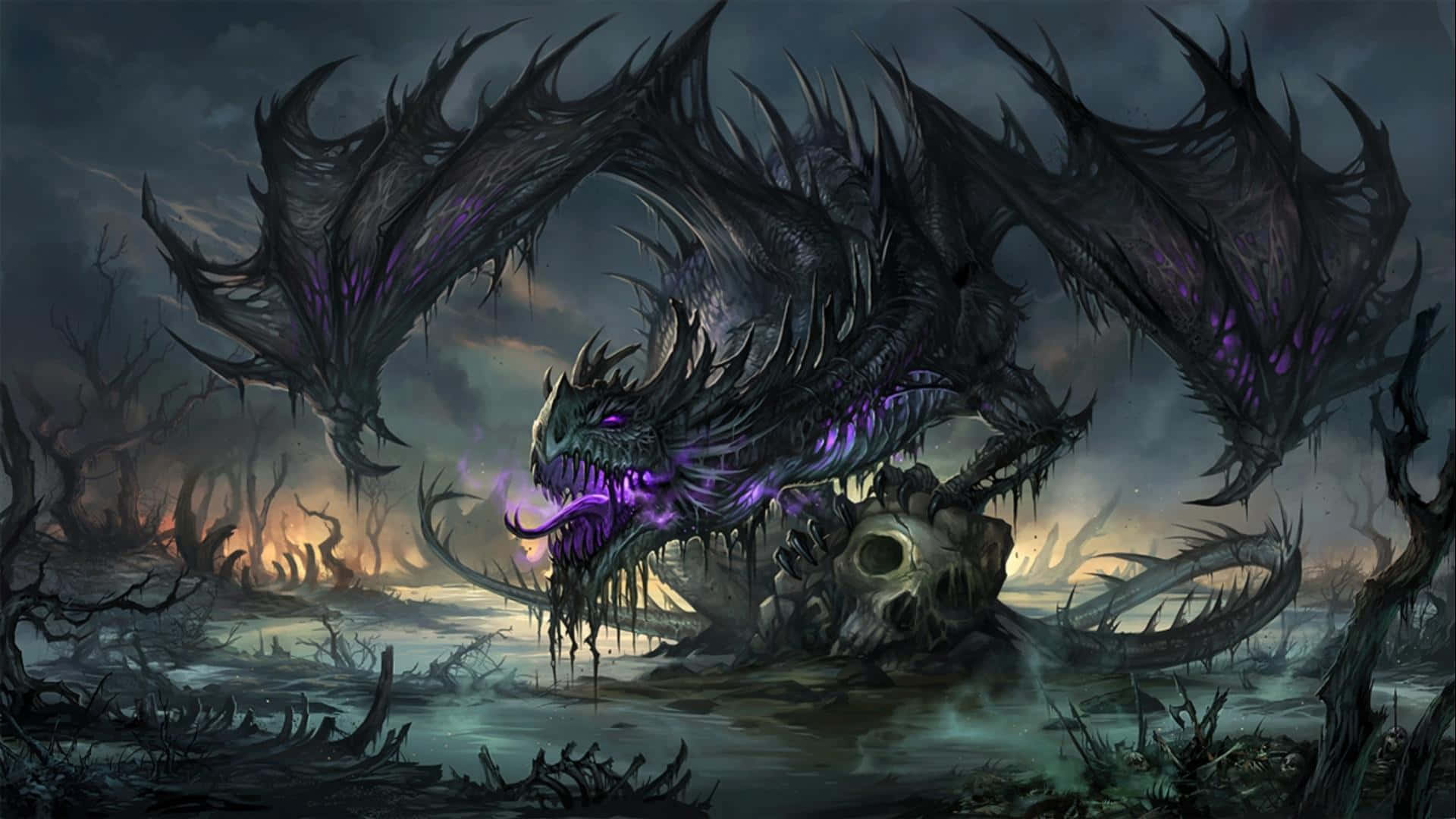 black dragon, purple eyes, venomous fangs, Full HD Desktop Wallpaper