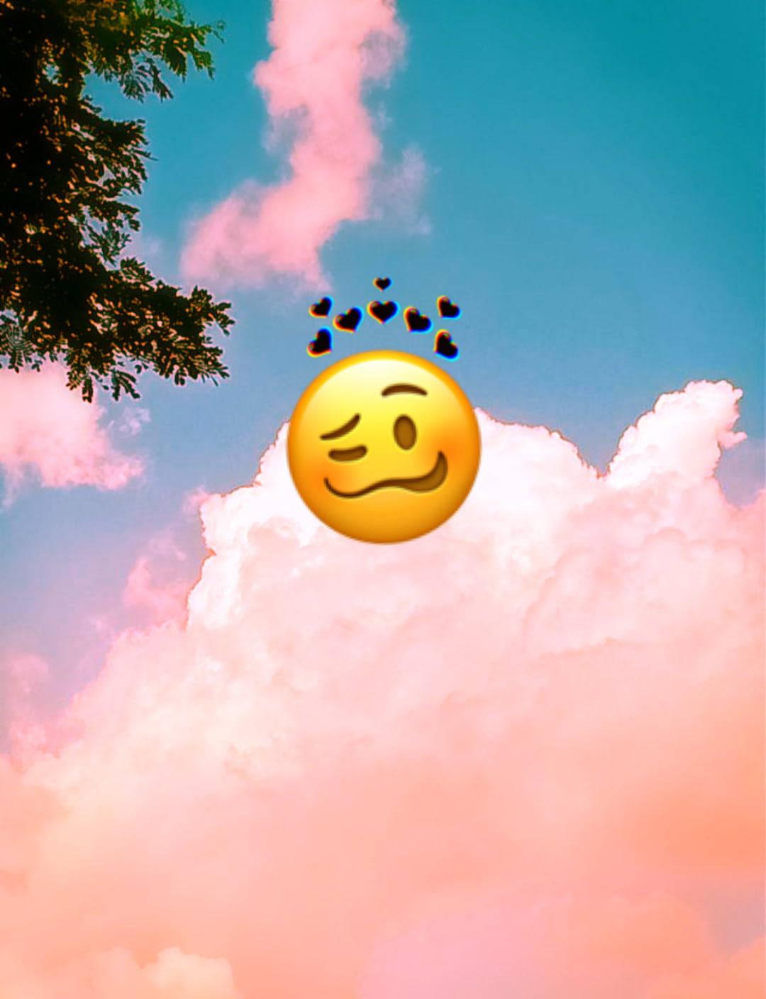 Black Emoji, winking emoji, floating hearts, HD Phone Wallpaper