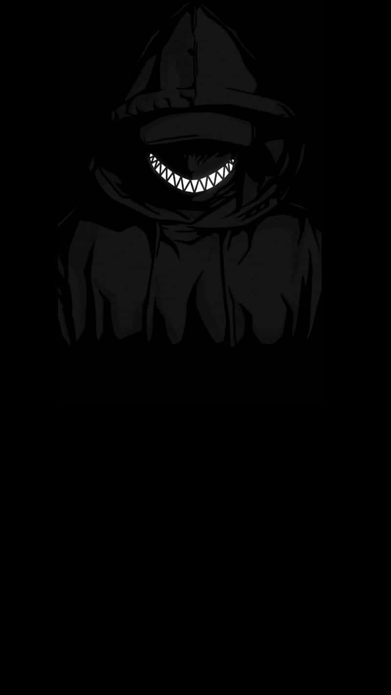 creepy black anime pfp smile, hooded figure, glowing sharp teeth, HD Phone Wallpaper