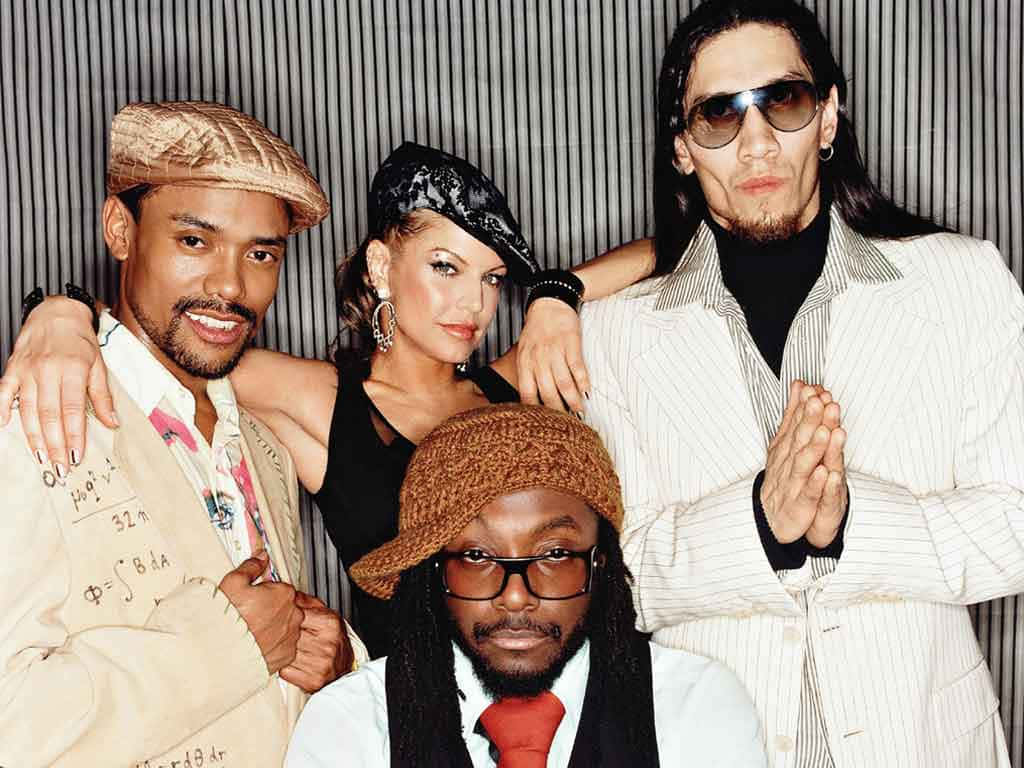 Black Eyed Peas, striped wall, stylishly dressed individuals, SD Desktop Wallpaper