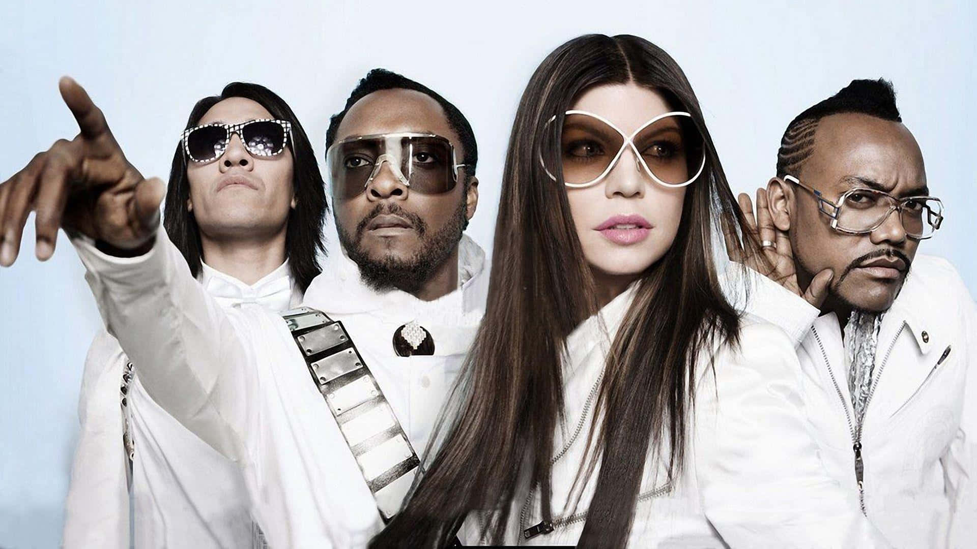 Black Eyed Peas, white outfits, bold sunglasses, Full HD Desktop Wallpaper