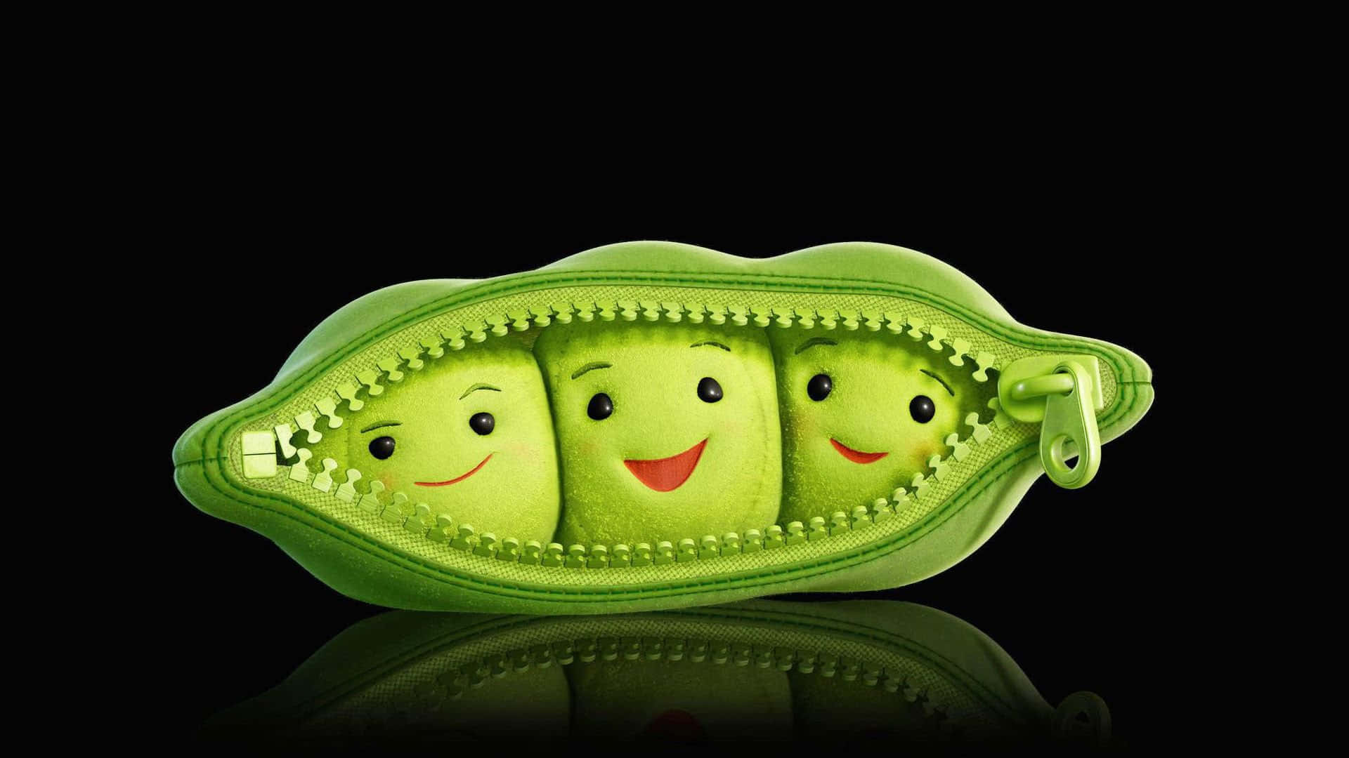 Cute Green Peas, black reflective surface, green zipper pouch, Full HD Desktop Wallpaper