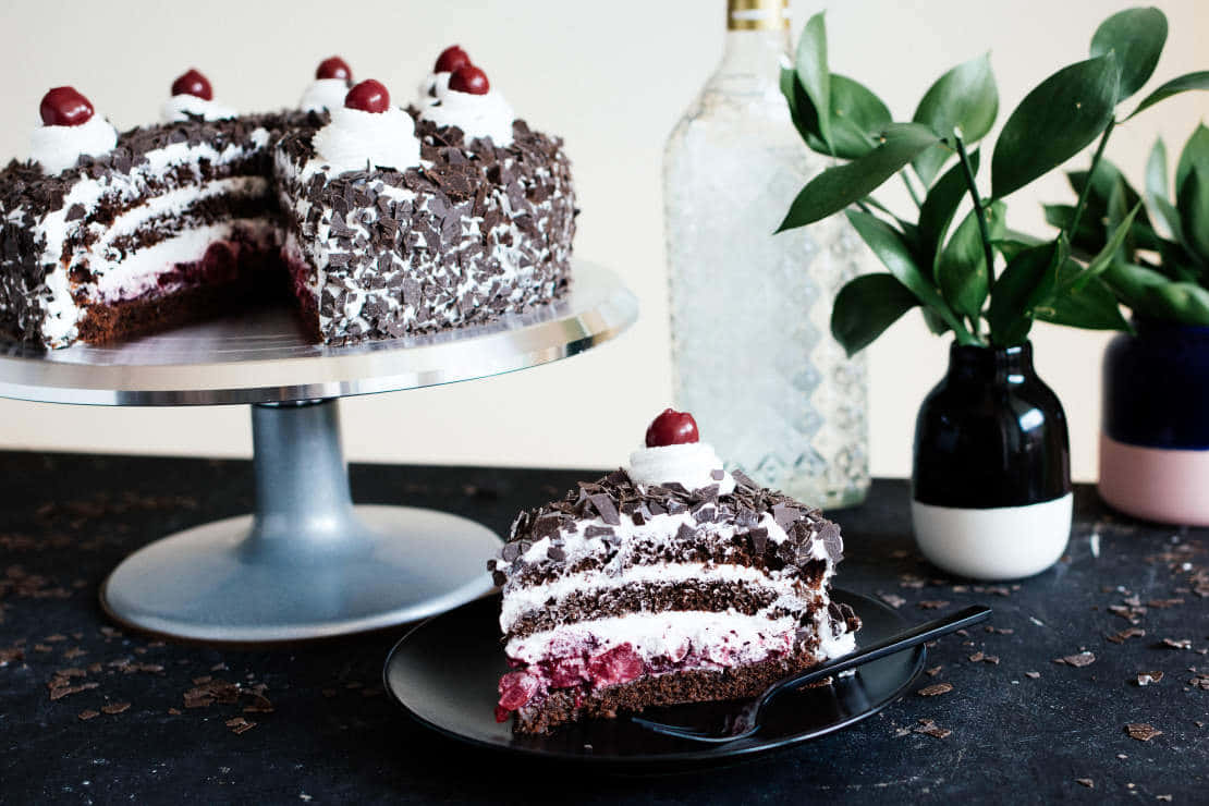 Black Forest Cake, cherry topping, silver stand, SD Desktop Wallpaper