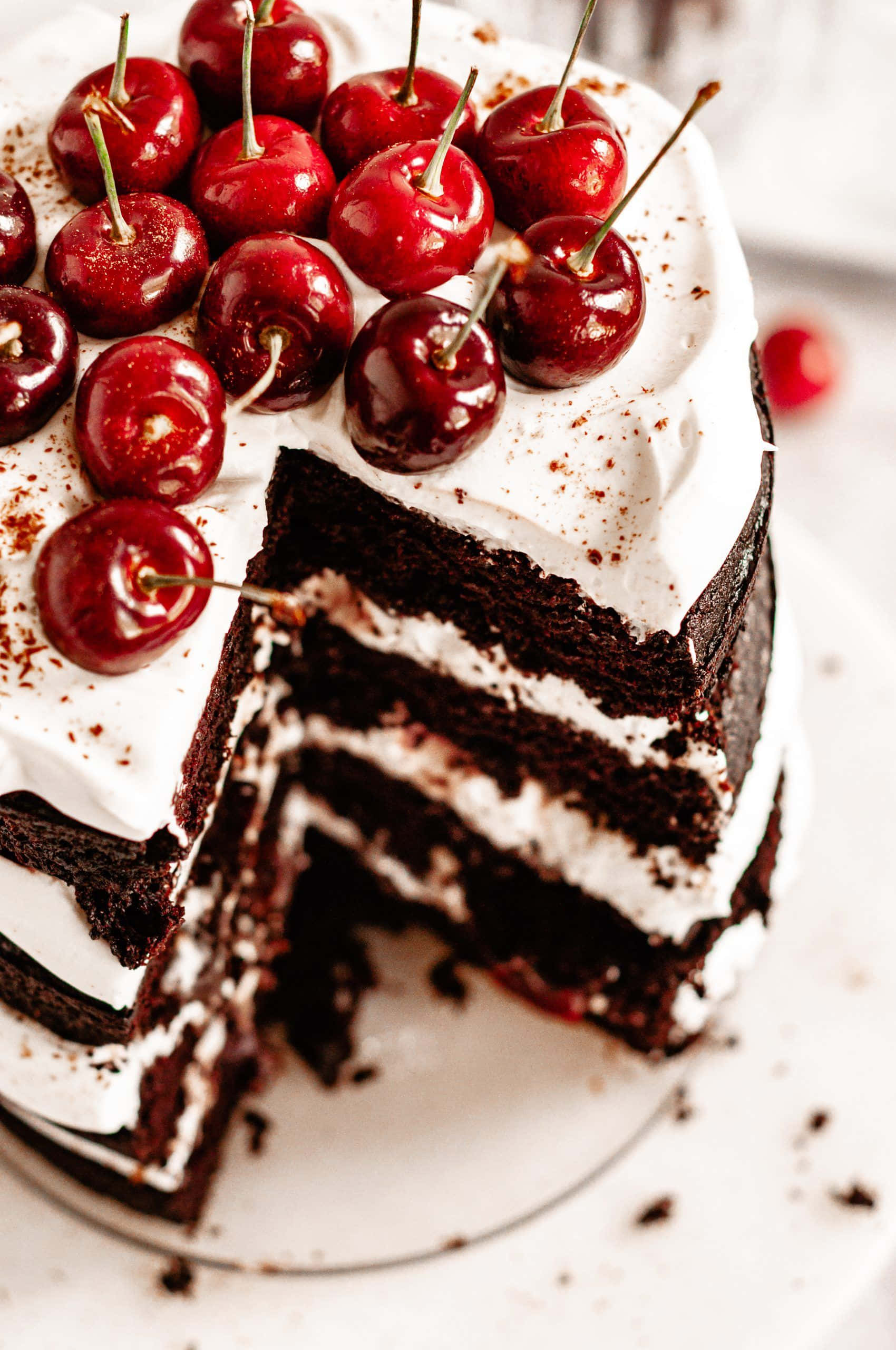 Black Forest Cake, glossy cherries, cocoa powder, 2K Phone Wallpaper