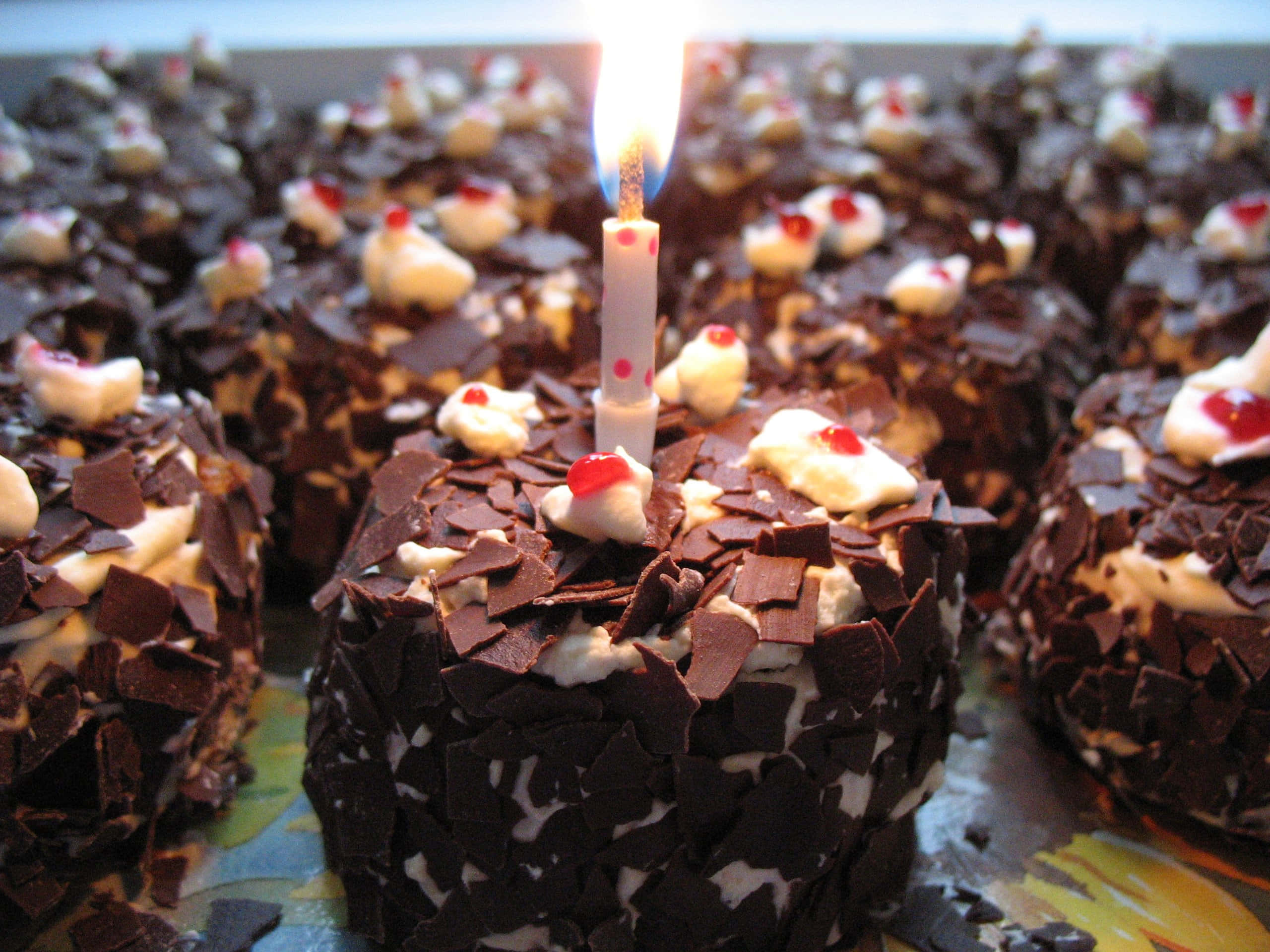 Black Forest Cake, chocolate-covered cake pops, lit candle, 2K Desktop Wallpaper